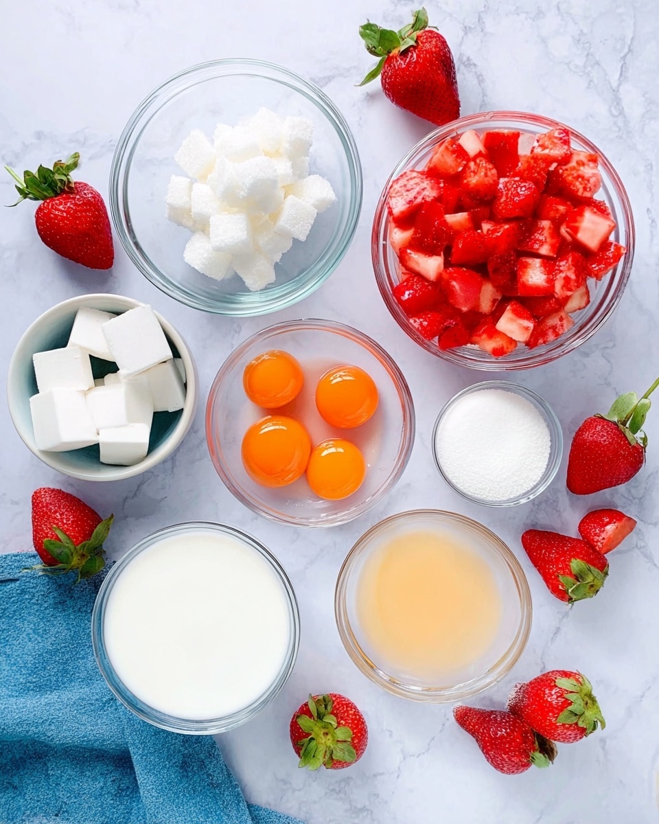 The image shows several clear glass bowls arranged on a white marbled surface with chopped red strawberries in one bowl, three bright orange egg yolks in another smaller bowl, white sugar cubes stacked in a separate bowl, and more bowls filled with white powder, white milk, and a light brown liquid. Around the bowls, there are whole and halved fresh strawberries with green leaves. A blue cloth is partially visible at the top left corner. The colors are bright and neat, with the bowls placed in a slightly scattered order. Photo taken with an iphone --ar 4:5 --v 7