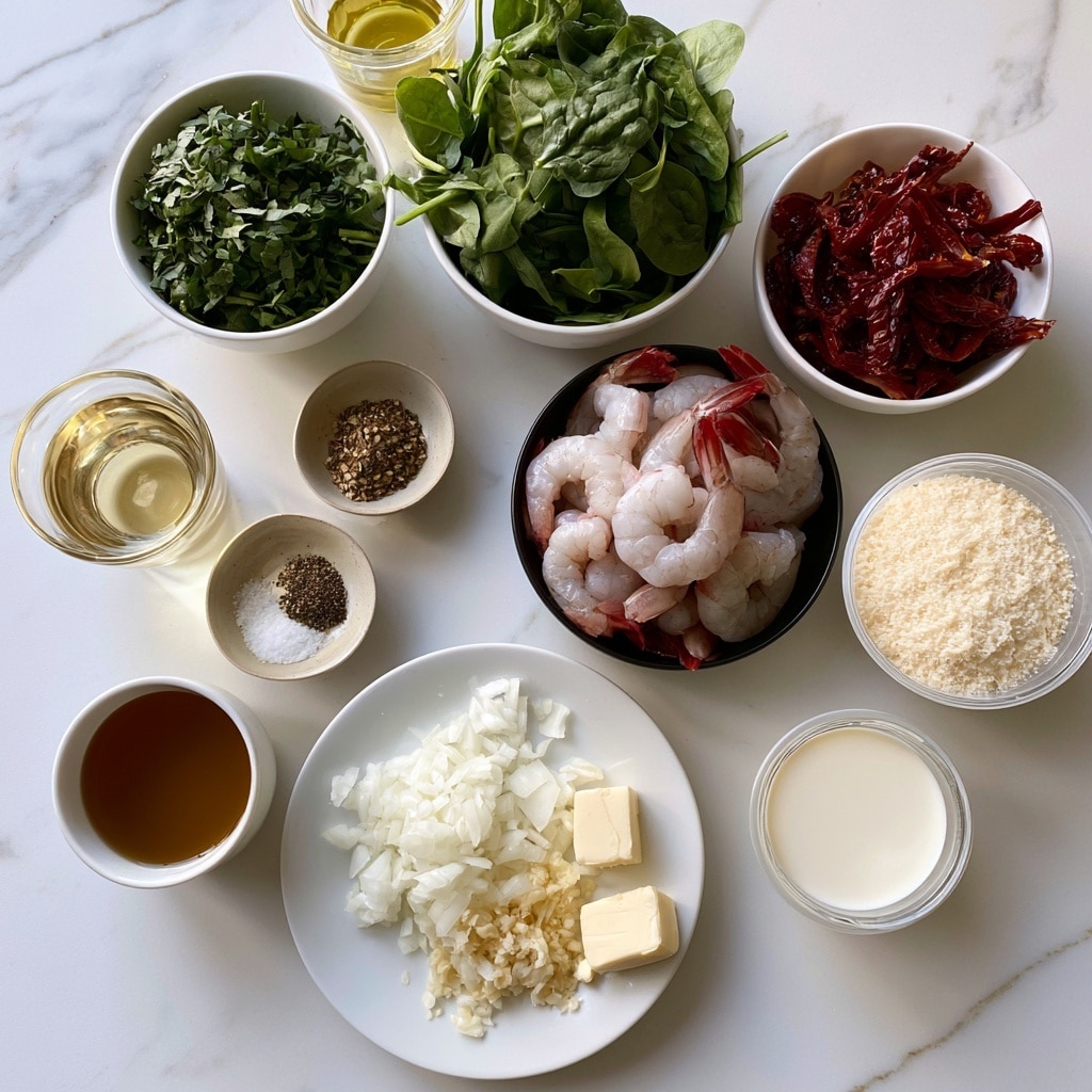 The image shows a top view of various ingredients arranged neatly on a white marbled surface. At the center bottom, there is a white plate with chopped white onion, yellow minced garlic, and two pieces of pale yellow butter placed side by side. Above this plate, to the right, is a clear glass cup filled with white heavy cream. To the left of the cream and above the onion plate, there's a small round container with grated Parmesan cheese. In the middle, there is a black bowl filled with raw shrimp, their pinkish-white bodies visible with red tails. Above the shrimp bowl is a white bowl packed with fresh green baby spinach leaves. To the top left of the spinach bowl, a white bowl contains deep red sun-dried tomato strips. Left of the shrimp bowl, there is a small cup filled with light golden white wine. Near the wine cup, a small round container holds dried Italian seasoning, and next to it, a small shallow bowl has salt and black pepper separated within it. Above the salt bowl, a small container with chopped green basil is placed. Above the basil is a small clear glass of golden oil, and below the salt bowl is a white cup filled with brown broth. All items are spaced evenly to show each ingredient clearly. photo taken with an iphone --ar 4:5 --v 7