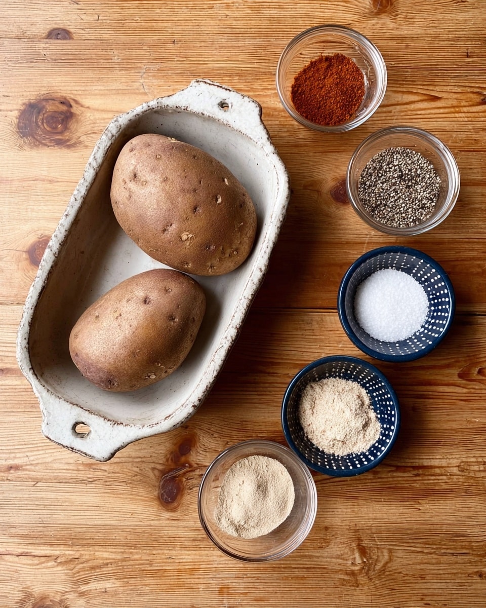 Two large brown potatoes rest on a white ceramic dish with a rough texture and a handle on the left side. Surrounding the dish on a wooden surface are five small bowls: three clear glass bowls holding reddish-brown powder, coarse black and white pepper mix, and white granulated salt, and two dark blue bowls with white circular patterns containing light beige powders. The whole setup is on a natural wood table with visible grain and knots. photo taken with an iphone --ar 4:5 --v 7