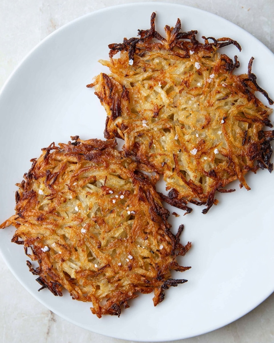 The image shows a close-up of a white plate with three main layers of food. On the left bottom side, there is a golden-brown crispy hash brown patty made from thin, shredded potatoes cooked evenly with slightly darker edges. On the top right, there are two slices of toasted white bread with dark grill marks across them. On the bottom right, there is a portion of soft, bright yellow scrambled eggs with some partly visible green parsley leaves on top. The background is a white marbled texture. Photo taken with an iphone --ar 4:5 --v 7