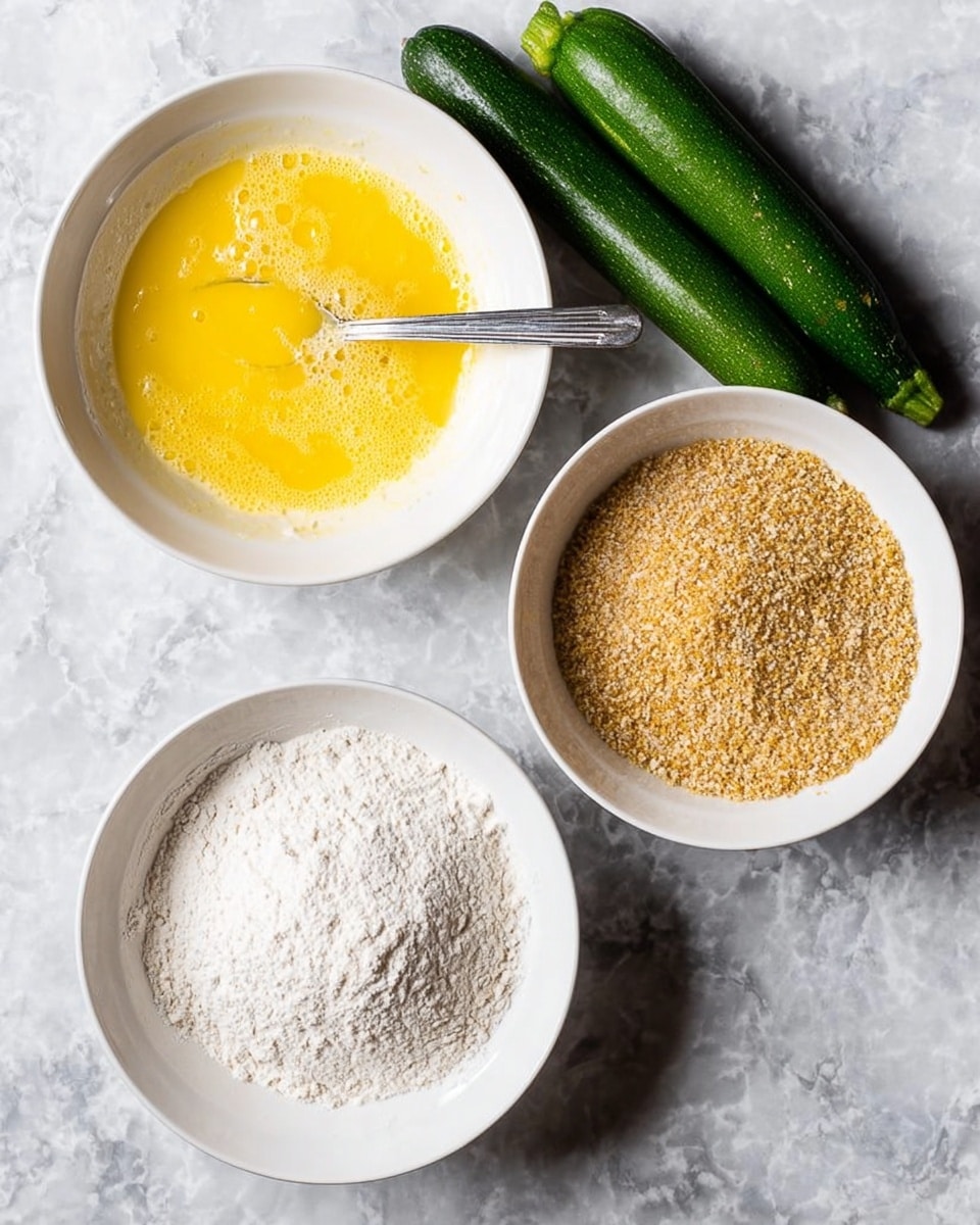 There are three white bowls on a white marbled surface. The top bowl contains beaten eggs that are yellow with some bubbles and a silver fork resting in it. The left bowl holds white flour with a fine, powdery texture. The bottom bowl is filled with light brown breadcrumbs with a grainy texture. Next to the bowls are two whole green zucchini with shiny skin. photo taken with an iphone --ar 4:5 --v 7