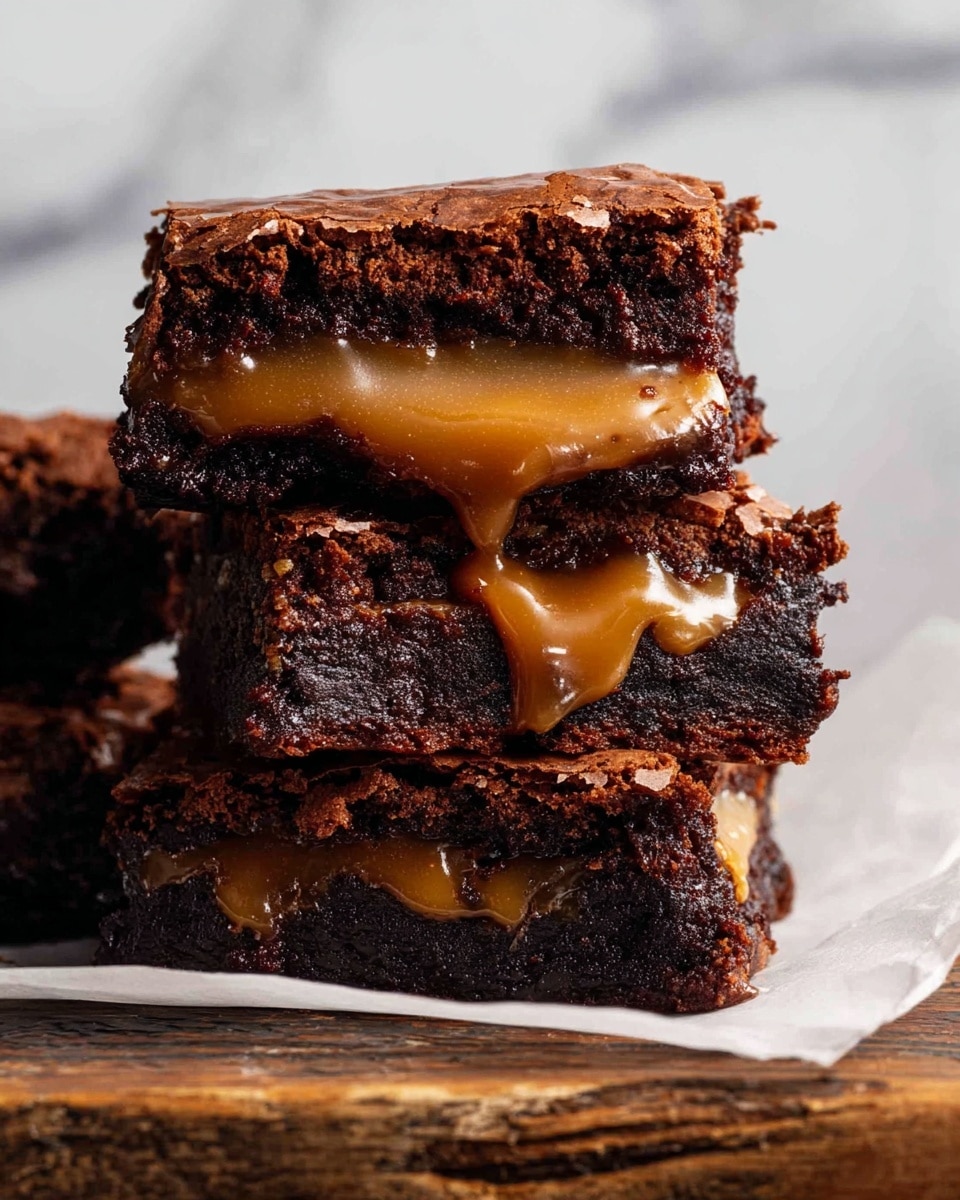 A close-up view shows a stack of three rich brownies with a thick layer of smooth caramel in the middle. The brownies have a dark brown, slightly crackling top layer, and the bottom part is dense and moist with a deep chocolate color. The thick caramel layer is shiny, golden, and looks soft, oozing slightly between the brownie layers. The stack sits on white parchment paper atop a rustic wooden surface with a white marbled background. The photo taken with an iphone --ar 4:5 --v 7