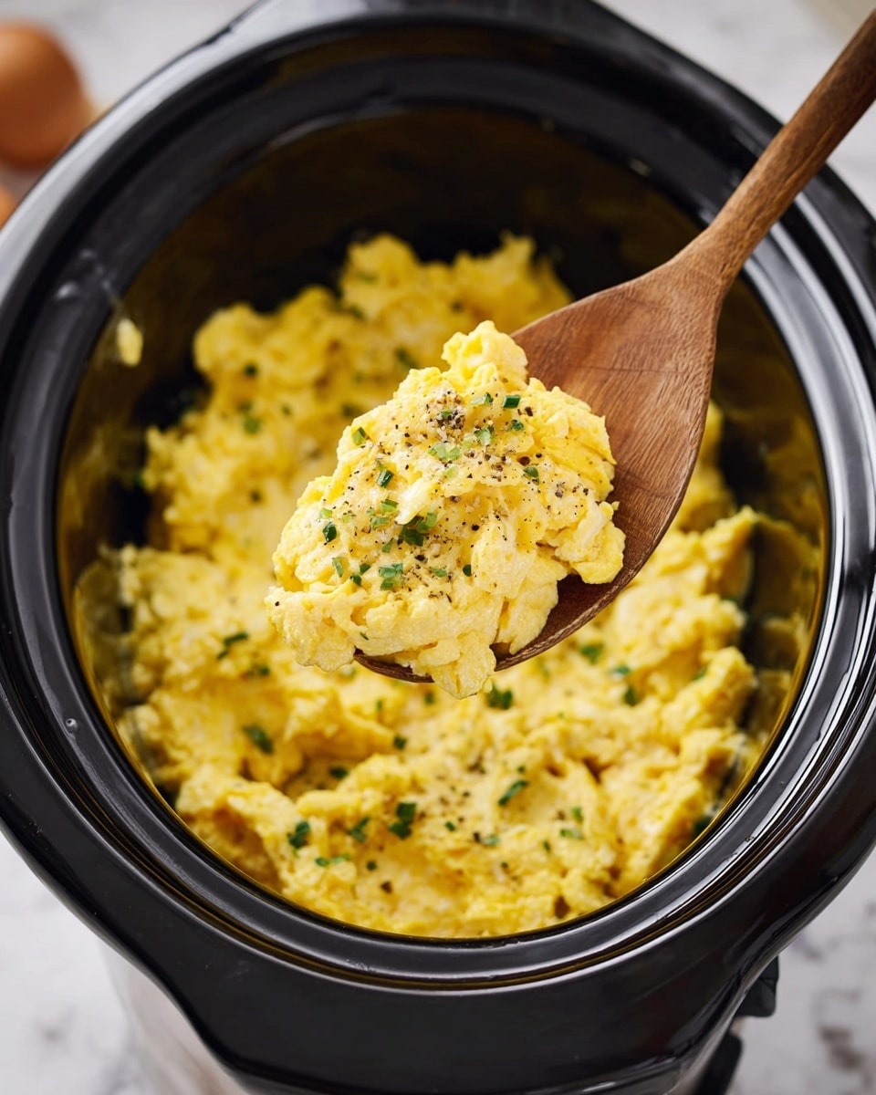 A close-up view shows scrambled eggs with a soft, fluffy texture and a bright yellow color, sprinkled lightly with small green herbs and black pepper. The eggs rest in a shiny black slow cooker with a smooth, curved surface. In the center, a wooden spoon with a natural grain holds a scoop of the scrambled eggs, raised above the cooker to show the dish clearly. The background is a white marbled surface with soft lighting highlighting the colors and textures of the eggs and spoon. photo taken with an iphone --ar 4:5 --v 7