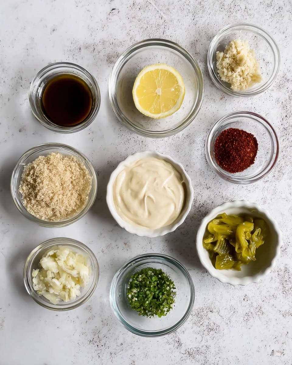 The image shows nine small white and clear glass bowls arranged on a white marbled surface. From the top left, there's a bowl with dark brown liquid, a clear glass bowl with a lemon slice, a clear glass bowl with grated light beige substance, a clear glass bowl with red powder, a white bowl with creamy light beige sauce, a white bowl with thick white cream, a white bowl with chopped light brown bits, a clear glass bowl with finely chopped green herbs, and a white bowl with green pickle pieces in liquid. The bowls are neatly spaced in a loose circle shape. Photo taken with an iphone --ar 4:5 --v 7