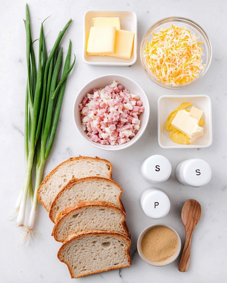 The image shows layers of ingredients arranged on a white marbled surface. At the bottom left, there are five slices of light brown bread lined up, showing a soft texture with small air holes. Above the bread, a white bowl filled with finely chopped pink and white bacon sits in the center. To its right, a smaller white bowl holds shredded pale yellow cheese, while above it, a clear glass bowl contains three pieces of pale yellow butter in square shapes. To the left of the butter, a small square white dish contains a dollop of yellow mustard. Next to the mustard, at the top left, is a bunch of fresh green onions with bright green stalks and white bulbs. To the far right, near the butter, are white salt and pepper shakers marked with black letters