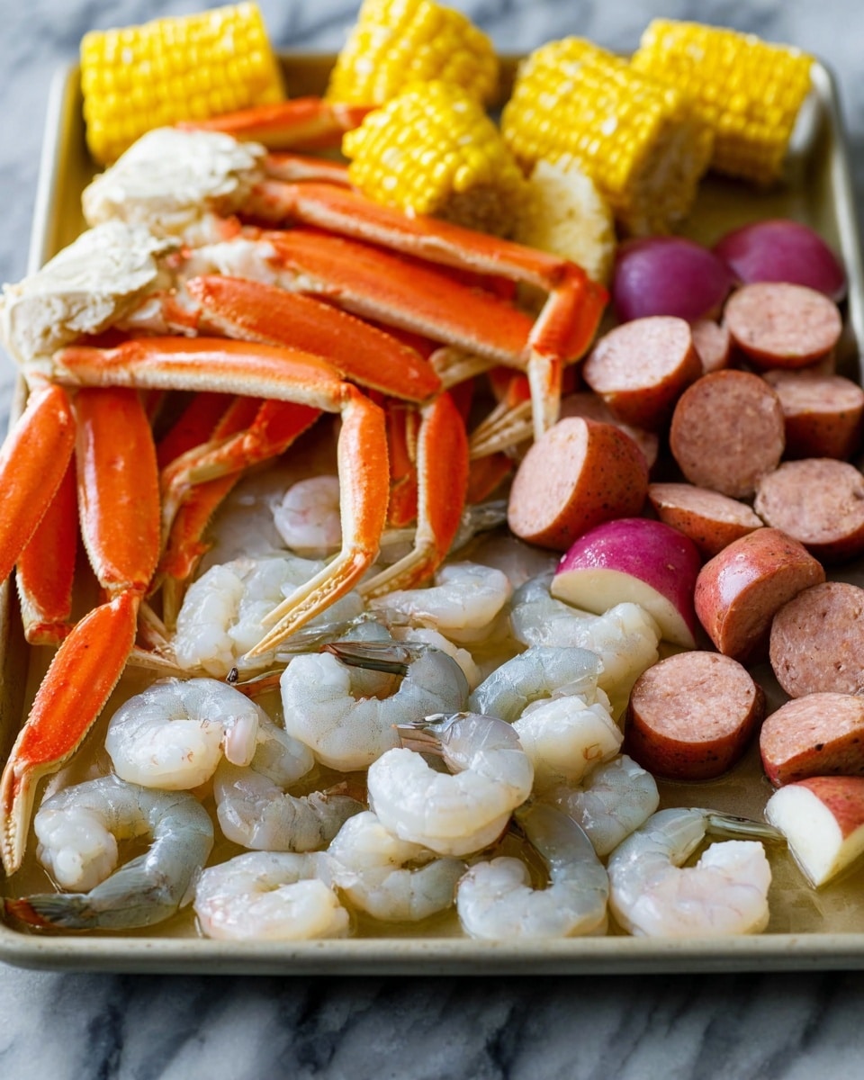 The image shows a white tray filled with fresh seafood and vegetables. At the front, there is a layer of raw white shrimp with grey tails, arranged loosely. To the left back, bright orange crab legs with claws are stacked haphazardly. On the right, there is a group of thick sliced sausage pieces, showing reddish-brown outside and soft pink inside. Behind the sausage and partially covered by crab legs, there are bright yellow corn pieces sliced into thick rounds, and some red potatoes, some whole and some sliced in half. All items rest on a white marbled surface. photo taken with an iphone --ar 4:5 --v 7