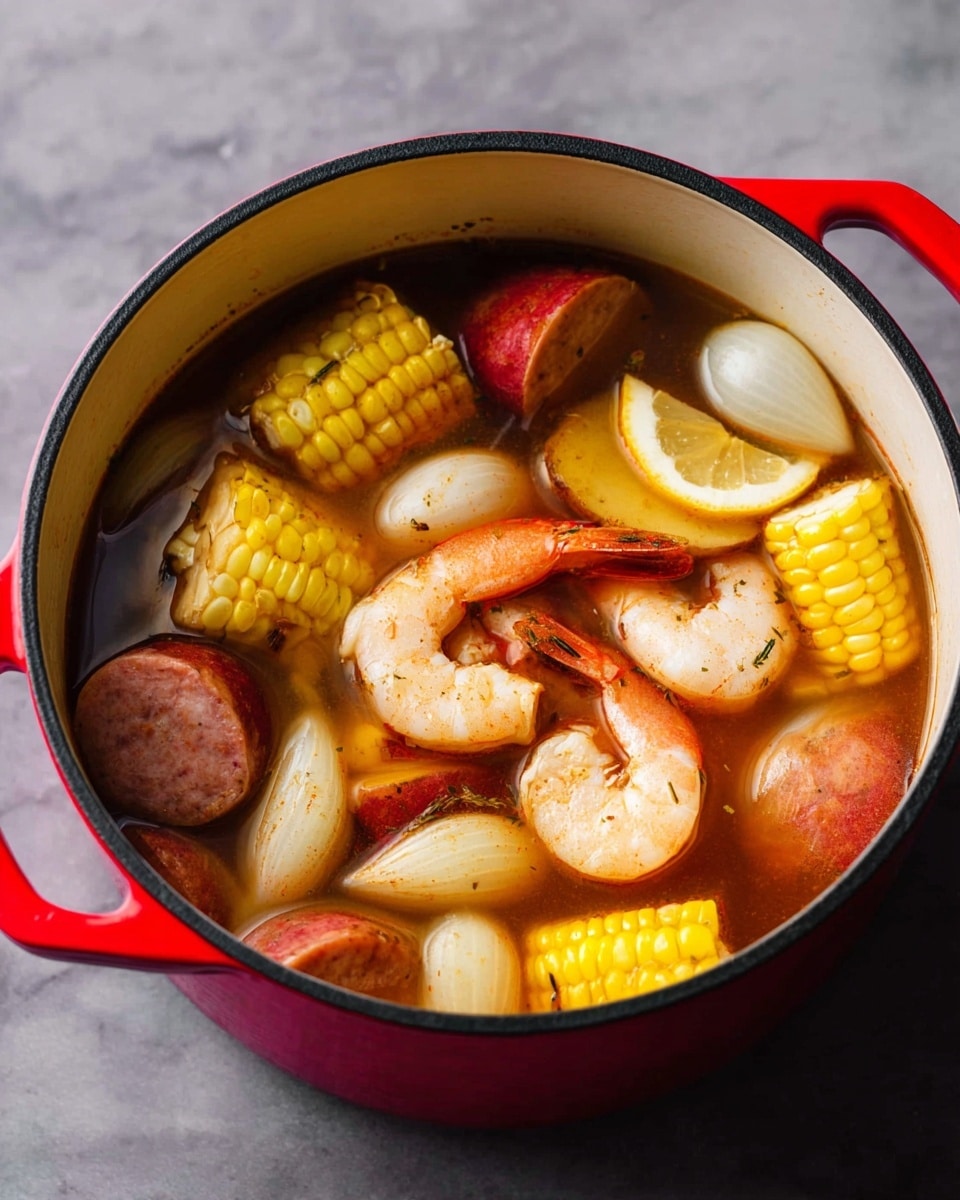 A red pot filled with a cooked seafood and vegetable stew sits on a white marbled surface. The stew has several layers and ingredients visible: bright yellow corn on the cob sliced into small sections, light pink shrimp with tails still on, whole baby red potatoes with smooth skins, thick slices of brown sausage, wedges of pale white onions, and lemon pieces with bright yellow skin. The broth is slightly reddish-brown, letting the ingredients float with some overlapping each other. The pot's inside is white with a black rim showing around the edge. photo taken with an iphone --ar 4:5 --v 7