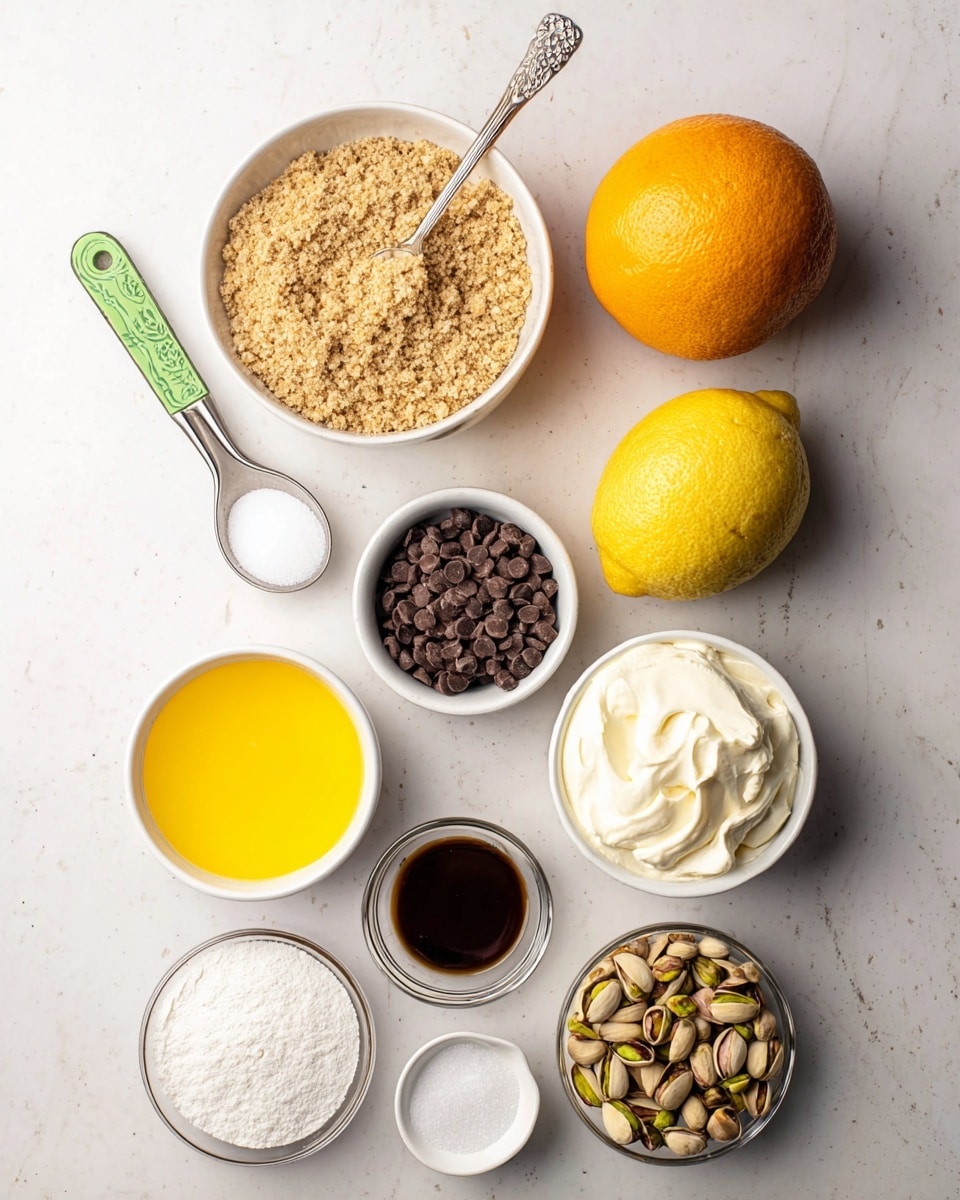 The image shows an overhead view of various baking ingredients arranged on a white marbled surface. At the top left, there is a white bowl filled with light brown crushed graham crackers and a metal scoop with a green handle resting inside. To the right of the bowl, there is one lemon and one orange placed side by side. Below these fruits is a metal measuring spoon filled with granulated sugar. On the lower left, a small white bowl contains bright yellow melted butter. Next to it on the right, another white bowl holds smooth, white cream cheese. Below these bowls, a small white bowl is filled with mini chocolate chips, while beside it is a small glass bowl of pistachios with shells. At the bottom left corner, a bowl filled with white powdered sugar and a small white dish with dark brown vanilla extract complete the arrangement. All items are neatly spaced with clear textures and soft lighting. Photo taken with an iphone --ar 4:5 --v 7
