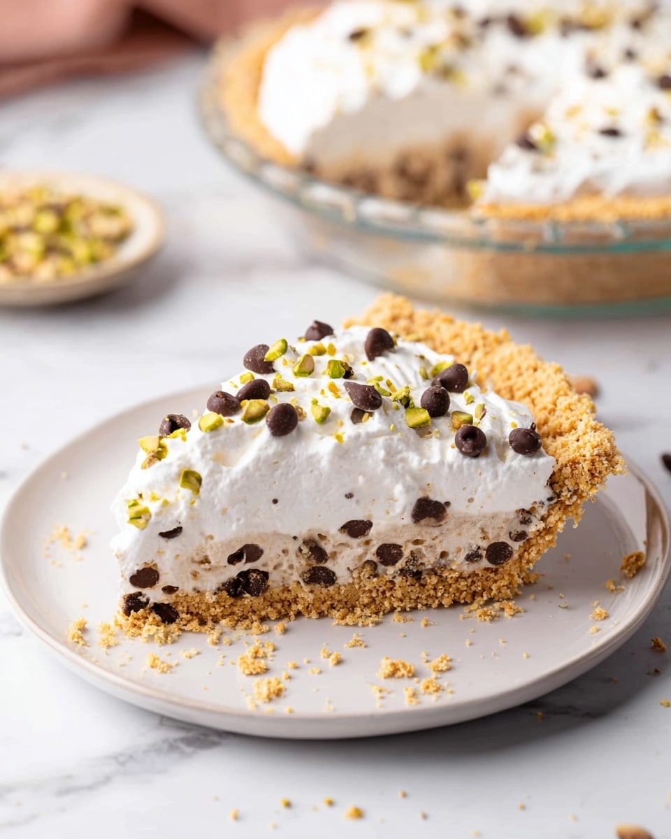 A pie with three clear layers is shown, set on a clear glass plate on a white marbled surface. The bottom layer is a crumbly, light brown crust that lines the dish thickly and evenly. The middle layer is white and fluffy, spread smoothly with gentle swirls and peaks on the surface. The top layer is decorated with small dark brown chocolate chips and finely chopped green pistachio nuts scattered evenly across the white creamy layer. In the background, there is a glass jar filled with pistachios and some scattered nuts and chocolate chips. A white cloth with brown stripes rests near the jar. photo taken with an iphone --ar 4:5 --v 7
