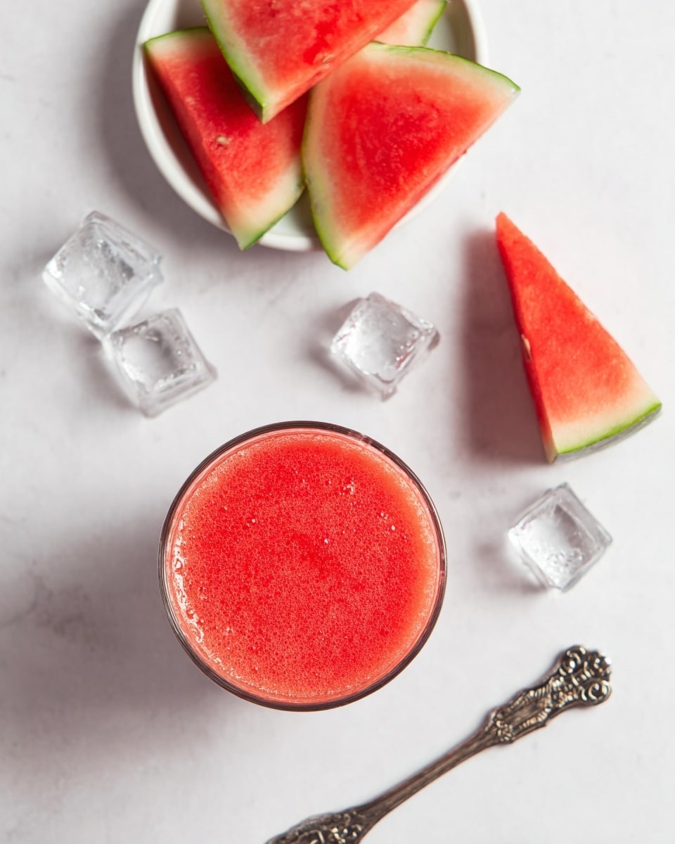 A close-up top view of a glass filled with a smooth, red watermelon juice that fills the frame's bottom left corner. Above the glass, on a white marbled surface, there are seven clear ice cubes scattered naturally. To the upper left, four slices of red watermelon with green rinds sit inside a white bowl. One triangular piece of watermelon lies alone to the right of the bowl. At the bottom right, part of an ornate silver spoon is visible on the white marbled surface. Photo taken with an iphone --ar 4:5 --v 7