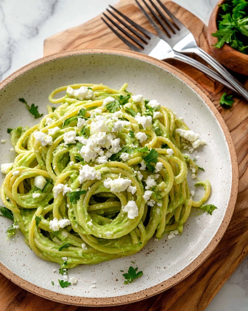 A bowl of spaghetti noodles coated in a smooth green sauce, likely pesto, fills a white speckled bowl. The noodles are thick and twisted, with a few sprigs of fresh green herbs and small white cheese crumbles sprinkled on top, adding texture and color contrast. A silver fork is twirling some noodles at the lower left of the bowl, resting on the white speckled surface. The bowl is placed on a white marbled surface with warm brown wooden tones in the background. photo taken with an iphone --ar 4:5 --v 7