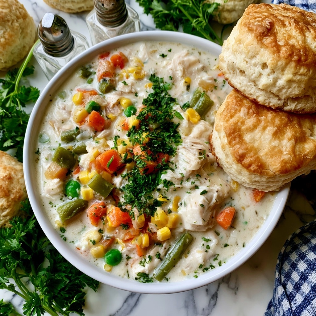 A white bowl filled with creamy chicken and mixed vegetable stew showing layers of colorful diced carrots, green beans, yellow corn, green peas, and chunks of white chicken, topped with finely chopped green herbs. On the right side of the bowl, there are two golden-brown biscuits stacked, showing a flaky texture. Surrounding the bowl are more biscuits, fresh green parsley, and two small glass salt and pepper shakers with metal tops, all placed on a white marbled surface with a blue and white checkered cloth partially visible in the bottom right corner. photo taken with an iphone --ar 4:5 --v 7