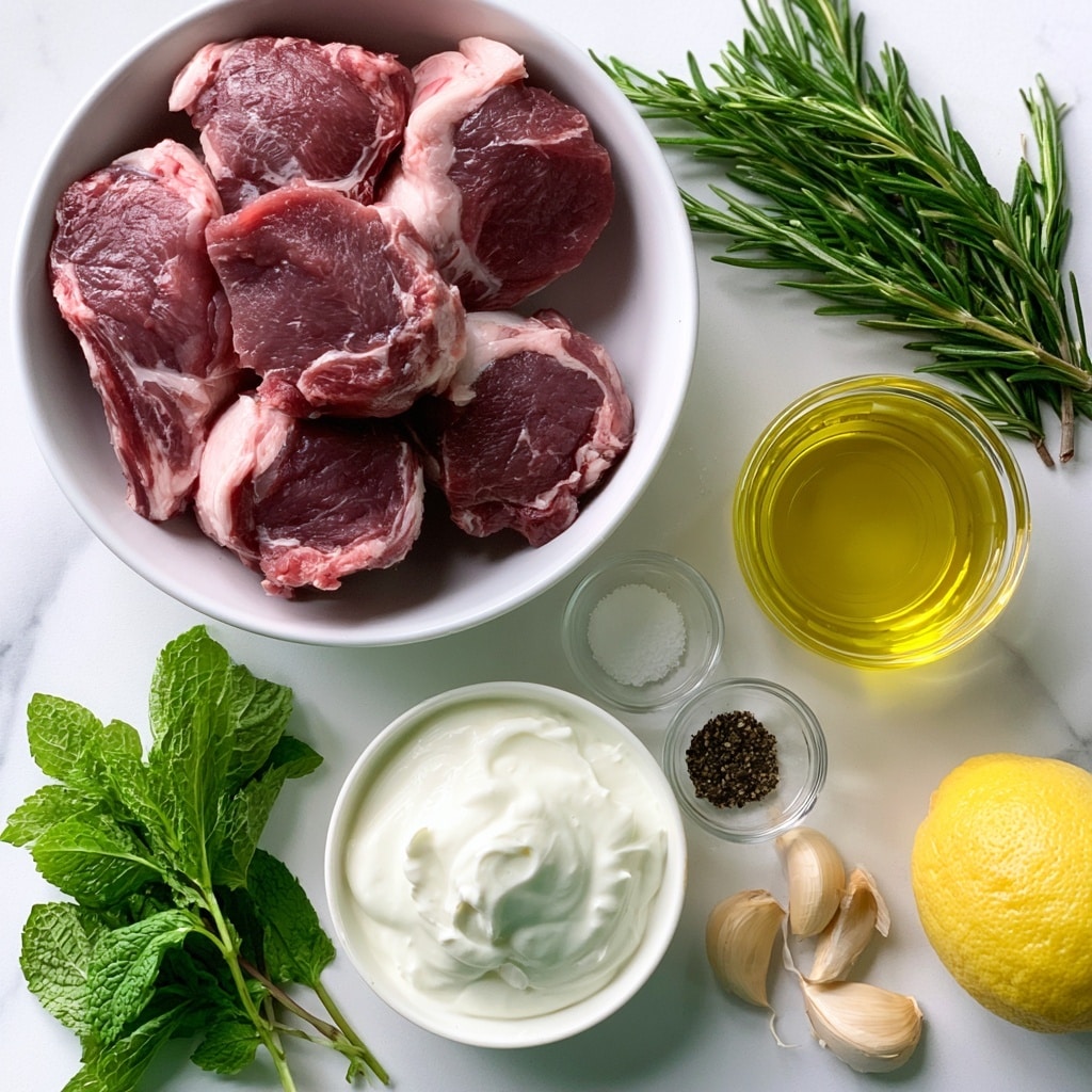 The image shows a white bowl in the top left filled with five raw lamb loin chops that are dark red with light pink fat edges. To the right of the bowl, there is a green bundle of fresh rosemary with needle-like leaves. Below the rosemary, a clear glass container holds golden extra virgin olive oil. Below the bowl, a small white bowl is filled with creamy Greek yoghurt, smooth and thick. Small clear bowls with white sea salt, white sugar, and dark ground black pepper are arranged near the center. In the bottom left corner, fresh mint leaves are bright green with visible veins and stems. To the right of the mint, four garlic cloves with pale beige skin lay near a bright yellow lemon that has a textured rind. The background is a clean white marbled surface. photo taken with an iphone --ar 4:5 --v 7