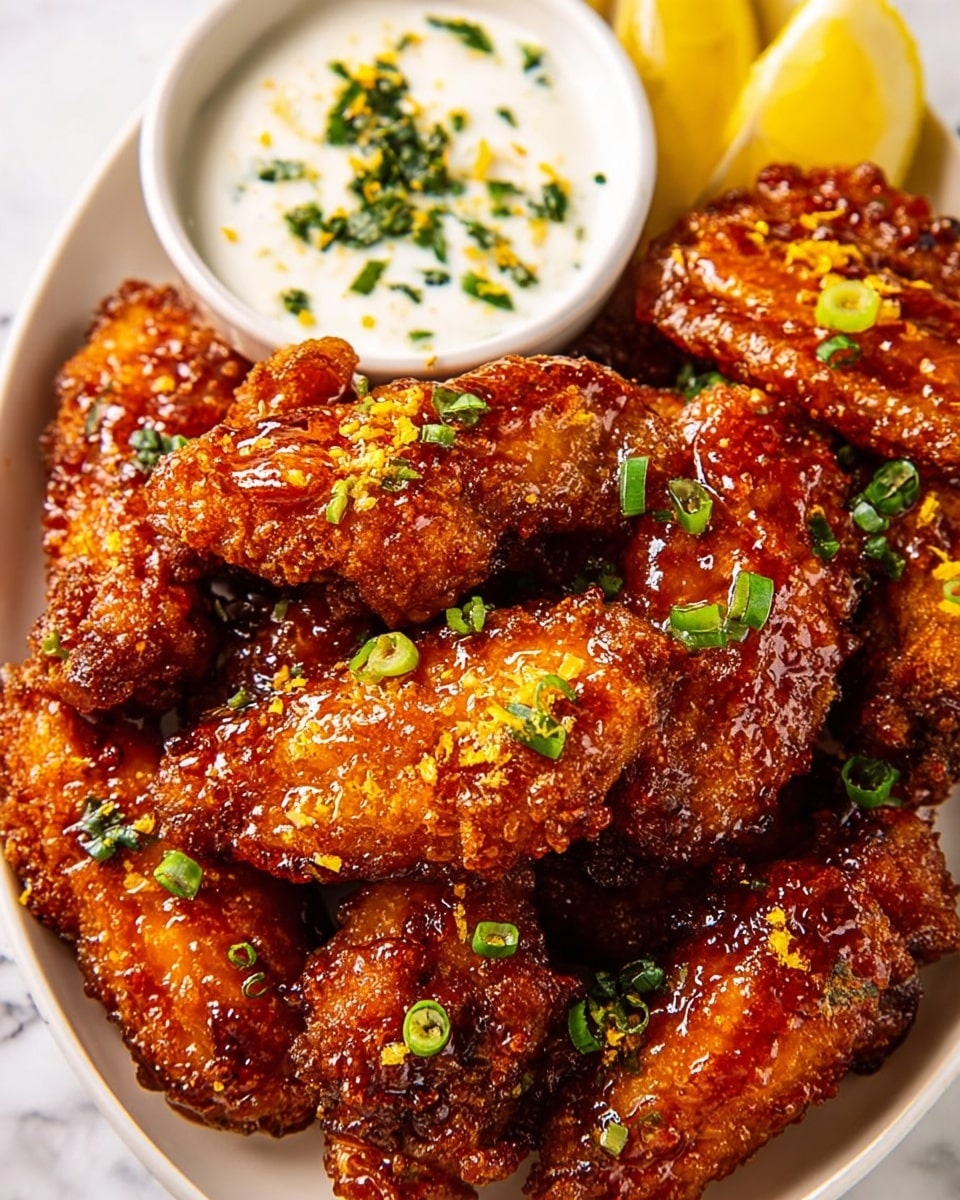 A close-up view of a white plate filled with several pieces of golden-brown fried chicken wings covered with a shiny, sticky reddish-brown sauce, garnished with small green onion slices and a light sprinkling of yellow zest. On the left side, there is a small white dish filled with a creamy white dipping sauce topped with finely chopped green herbs. In the top right corner, a few lemon wedges rest on the plate. The plate sits on a white marbled surface. photo taken with an iphone --ar 4:5 --v 7