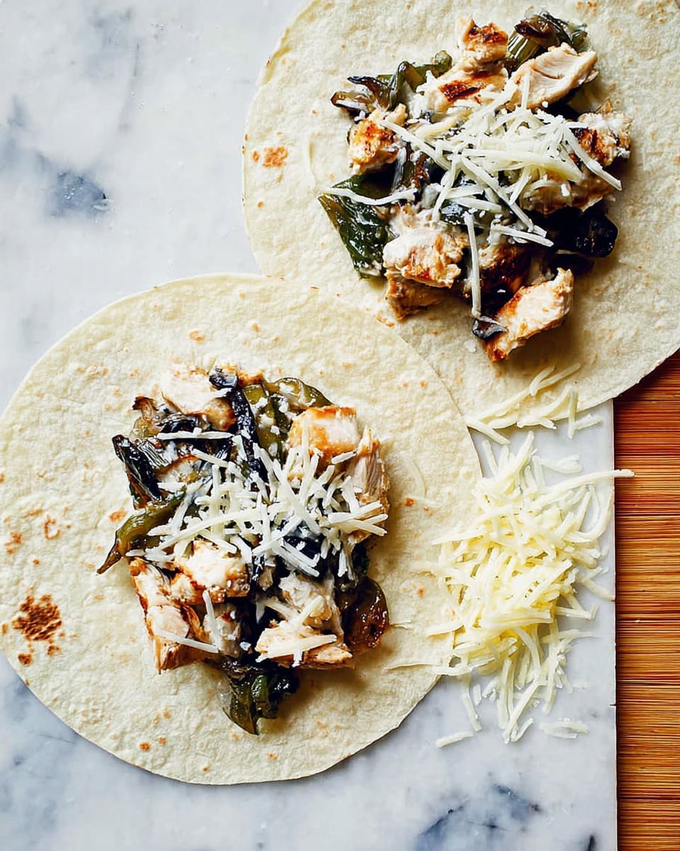Two soft, round tortillas lie flat on a white marbled surface. Each tortilla holds a small pile of filling near the center, made of light brown cooked chicken pieces, dark grilled green vegetables, and pale shredded cheese scattered on top. The tortillas are slightly translucent, showing the textures beneath. Some cheese shreds are spilled next to the tortillas on the surface, adding a casual feel. The warm colors of the chicken and vegetables contrast softly with the light tortillas. photo taken with an iphone --ar 4:5 --v 7