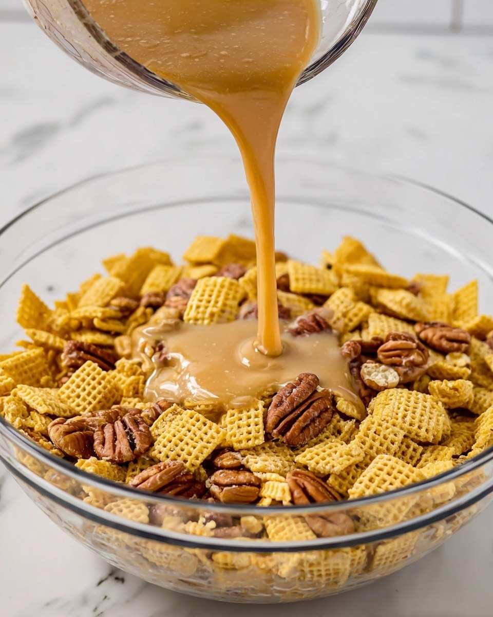 A clear glass bowl filled with a mix of two types of cereal pieces, one light yellow and one light brown, all with a waffle-like texture and some pecans scattered through. A thick light brown sauce is being poured in a steady stream from a glass measuring cup into the center of the cereal, creating a small pool that spreads over the top layer. The background and surface are white with a marbled texture, and the photo is close up, focusing on the textures and flow of the sauce. photo taken with an iphone --ar 4:5 --v 7