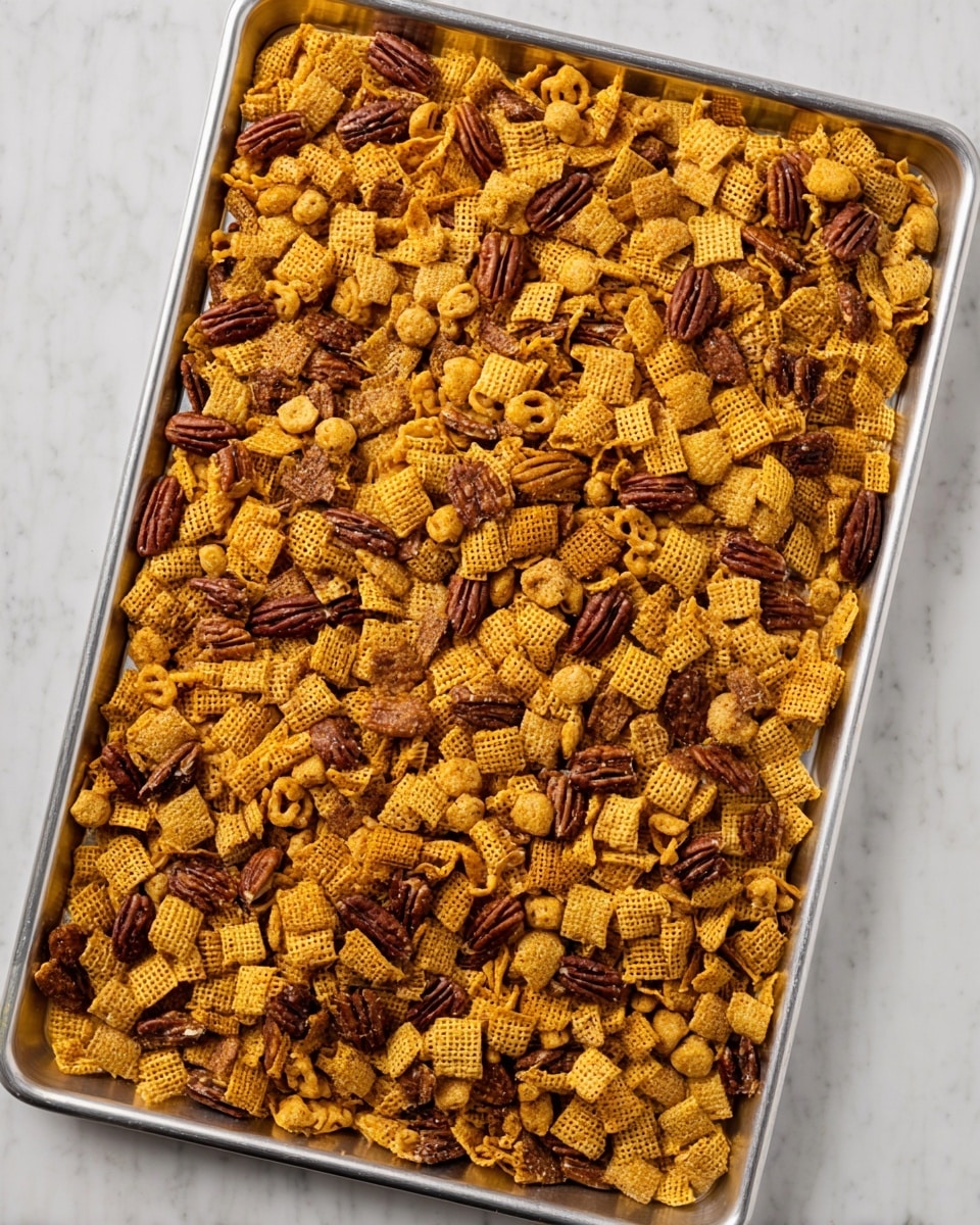 A large silver baking tray is filled with a single thick layer of a dry snack mix. The mix has small yellow round cereal pieces with a grid pattern, beige small square crunchy bits, and scattered dark brown pecans with smooth textures. The colors vary from yellow to light brown and dark brown, creating a mix of warm, toasted tones. The tray rests on a white marbled surface, with slight browning and crisp edges on the snack mix. photo taken with an iphone --ar 4:5 --v 7