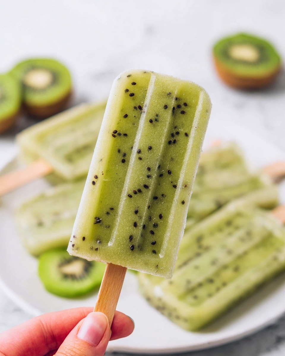 A close-up of a green kiwi popsicle with visible black kiwi seeds throughout its surface, held by a wooden stick at the bottom, grasped by a woman's hand. In the blurred background, there are more kiwi popsicles lying on a white plate and sliced fresh kiwi fruits around, all set on a white marbled surface. The popsicle has a smooth, slightly frosty texture and looks cool and refreshing. Photo taken with an iphone --ar 4:5 --v 7