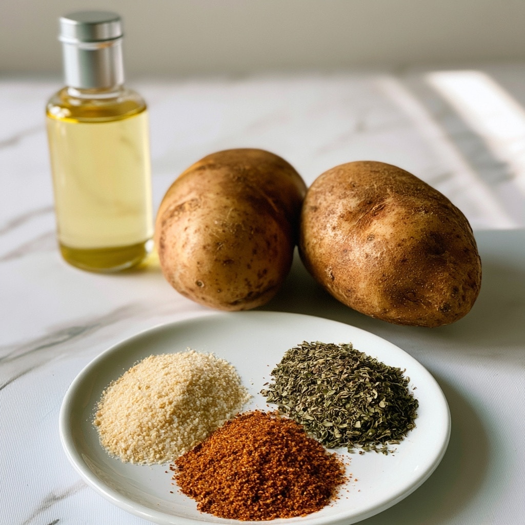 The image shows two russet potatoes with a rough brown skin placed on a white marbled surface. To the left of the potatoes, there is a clear glass bottle filled with light yellow grapeseed oil and topped with a silver cap. Below the potatoes and oil, a white plate holds three spices neatly separated: pale beige garlic salt on the left, dark green dried oregano on the top right, and reddish-brown blackened seasoning at the bottom center. Each ingredient is labeled with black text and white outline. The setup is clean and simple, with a bright natural light highlighting textures. Photo taken with an iphone --ar 4:5 --v 7