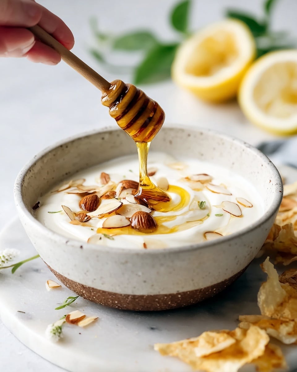 A white ceramic bowl with a rough brown base is filled with a creamy white yogurt or sauce. On top, there are sliced light brown almonds scattered evenly. A wooden honey dipper held by a woman's hand is dripping thick golden honey over the center of the yogurt, creating a glossy swirl. Around the bowl on a white marbled surface are some light golden, crispy chips and a blurred lemon slice with green leaves in the background. The scene is brightly lit with soft natural light. Photo taken with an iphone --ar 4:5 --v 7