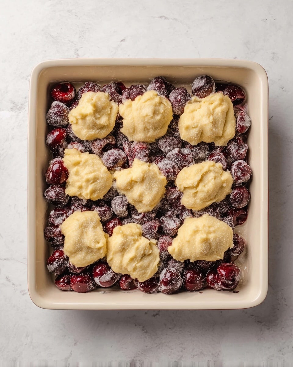 A white square baking dish holds one layer of dark red cherry halves, some with pits visible, dusted lightly with white granulated sugar creating a frosty effect. On top of the cherries are nine uneven dollops of pale yellow batter spread across the dish, giving a rough texture and slightly grainy look. The baking dish rests on a white marbled surface, with soft natural lighting highlighting the colors and textures of the fruit and batter. photo taken with an iphone --ar 4:5 --v 7