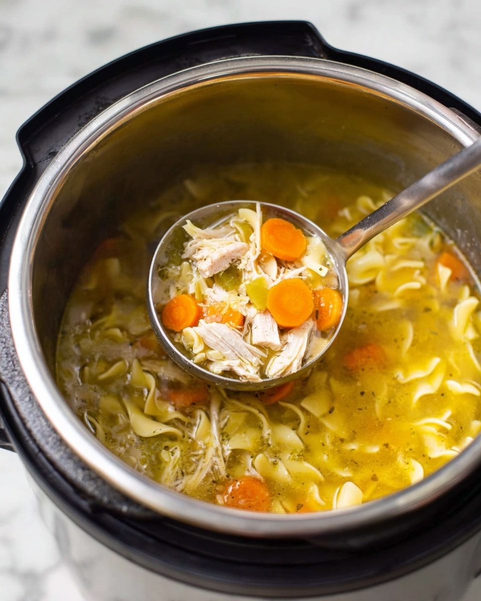 A close-up of a silver ladle holding a scoop of chicken noodle soup inside a metal pot of an electric cooker. The soup has clear yellow broth with pieces of cooked white chicken, flat yellow pasta noodles, orange carrot slices, and light green celery bits. The pot is black and shiny, and the image shows the pot sitting on a white marbled surface. photo taken with an iphone --ar 4:5 --v 7