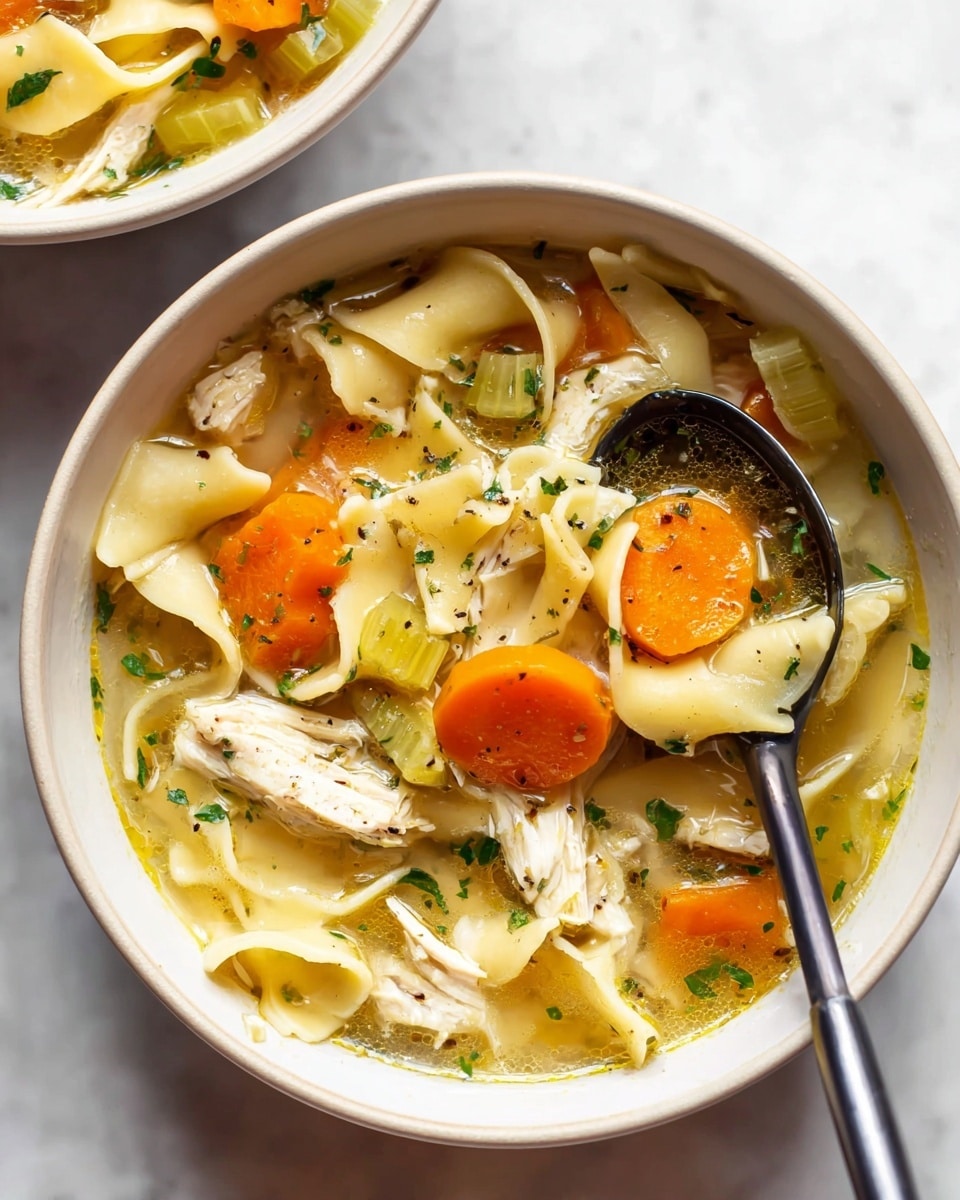 A white bowl filled with clear chicken broth soup containing wide, flat egg noodles that are pale yellow, soft cooked carrot slices in bright orange, and chopped celery pieces in light green surrounded by tender pieces of white chicken meat, all lightly sprinkled with fresh green herbs. A black spoon with a shining handle rests inside the bowl, holding some broth, a carrot slice, and a noodle. The bowl sits on a white marbled surface. Another similar bowl is partly visible in the background. Photo taken with an iphone --ar 4:5 --v 7