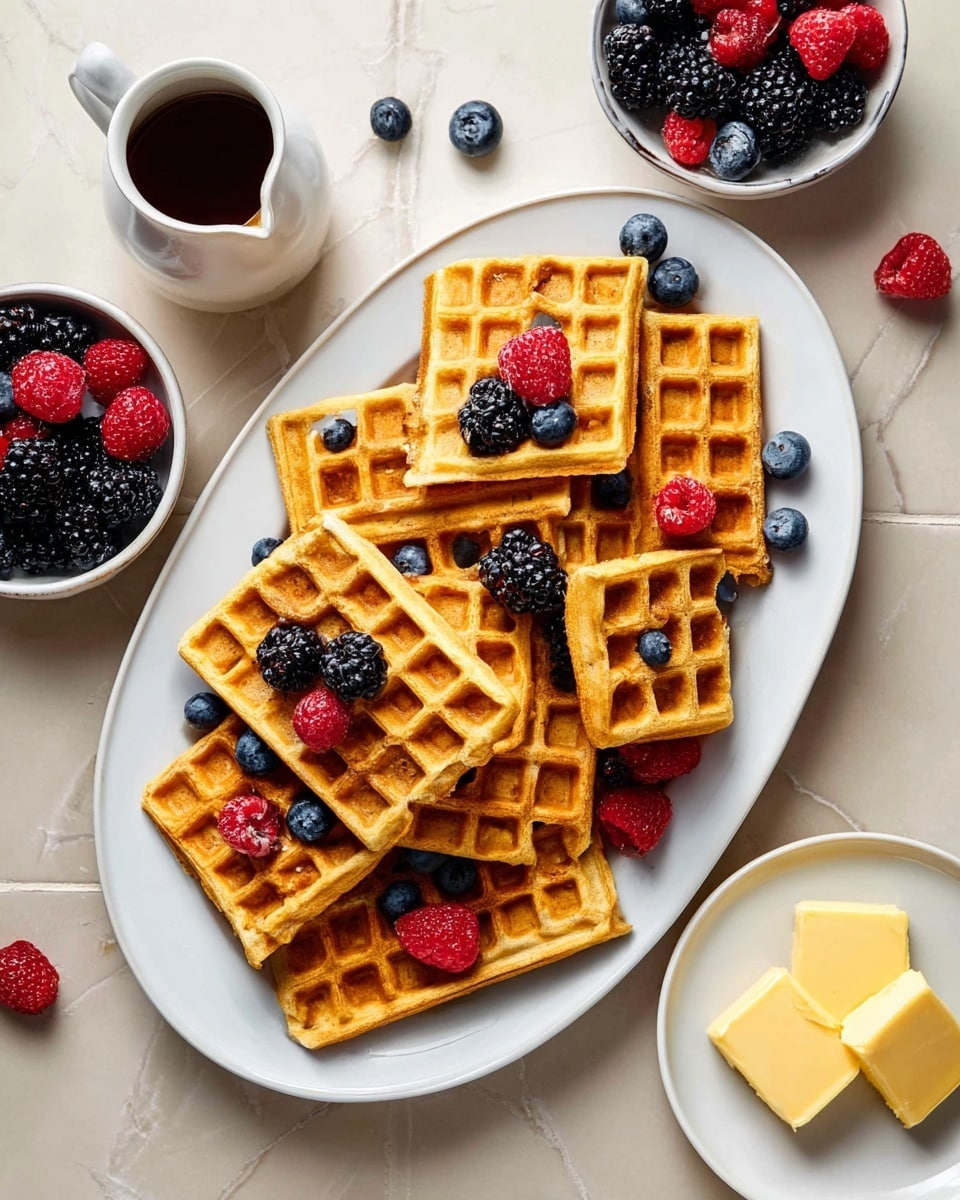 A white oval plate holds eight golden-brown square waffles arranged in a slightly overlapping pattern. Each waffle has a grid texture and is topped with a mix of fresh berries: blackberries, raspberries, and blueberries scattered across and around them. Around the plate are small white bowls filled with blackberries, raspberries, and blueberries, and a small white jug of syrup is positioned at the top left corner. There is also a small white plate with two pats of pale yellow butter on the right side. The setting is on a white marbled tiled surface with some loose berries placed casually nearby. Photo taken with an iphone --ar 4:5 --v 7