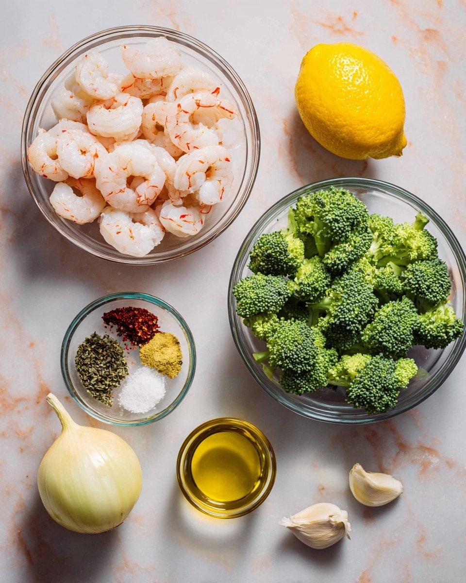 A top view of different cooking ingredients on a white marbled surface, including three clear glass bowls: one filled with pale pink shrimp with small red lines stacked loosely in the top right, one with bright green broccoli florets full and dense in the bottom left, and one small bowl with four sections of spices - green, white, black, and red - placed next to peeled garlic cloves and a shallot on the right side. A whole yellow lemon and a small clear glass cup filled with yellow olive oil sit beside the broccoli bowl. photo taken with an iphone --ar 4:5 --v 7