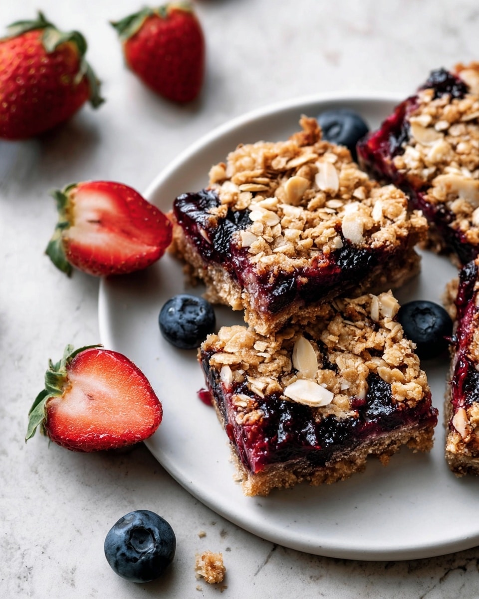 The image shows three square-shaped fruit granola bars on a white plate, each bar with three distinct layers: a crunchy top layer made of oats and almond slices, a middle layer with dark purple blueberry jam that looks thick and sticky, and a bottom layer that is a golden brown baked oatmeal crust. Around the plate and on the white marbled surface, there are whole fresh strawberries and blueberries scattered, adding bright red and deep blue colors. One blueberry and part of a granola bar sit on the white marbled surface beside the plate. photo taken with an iphone --ar 4:5 --v 7