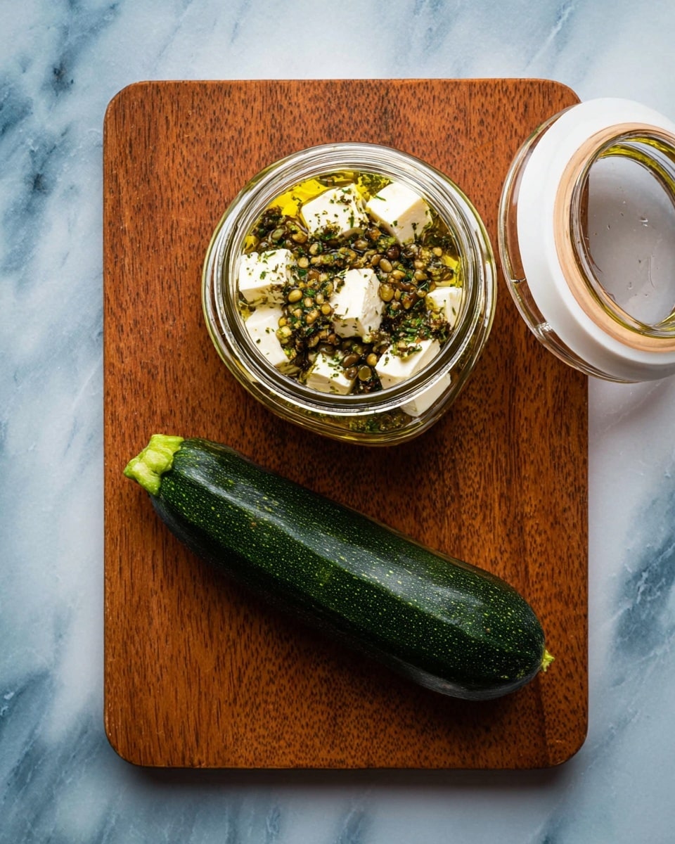 The image shows a wooden cutting board on a white marbled surface. On the board, there is a whole dark green zucchini with a smooth, shiny texture placed horizontally near the bottom. Above the zucchini, an open glass jar with a white lid resting on the board contains white cheese cubes soaked in a yellowish oil mixed with green herbs and small seeds, giving a textured look with green flecks scattered on the cheese. The jar is centered horizontally in the upper half of the board. Photo taken with an iphone --ar 4:5 --v 7