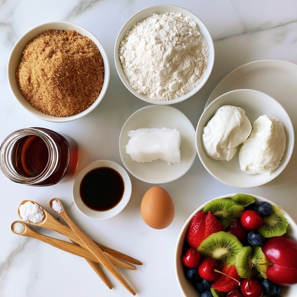 Several white bowls and a white plate with baking ingredients sit on a white marbled surface. Starting at the top left, there is a white bowl filled with light brown coconut sugar. To the right is a white bowl full of white flour. Below the sugar is a glass jar with dark amber maple syrup, next to a small white bowl containing dark vanilla extract. In the center is a white bowl with solid white coconut oil. To the right is a white bowl holding thick white Greek yogurt in two chunks. Below the syrup is a single light brown egg. Two wooden spoons with metal tips labeled