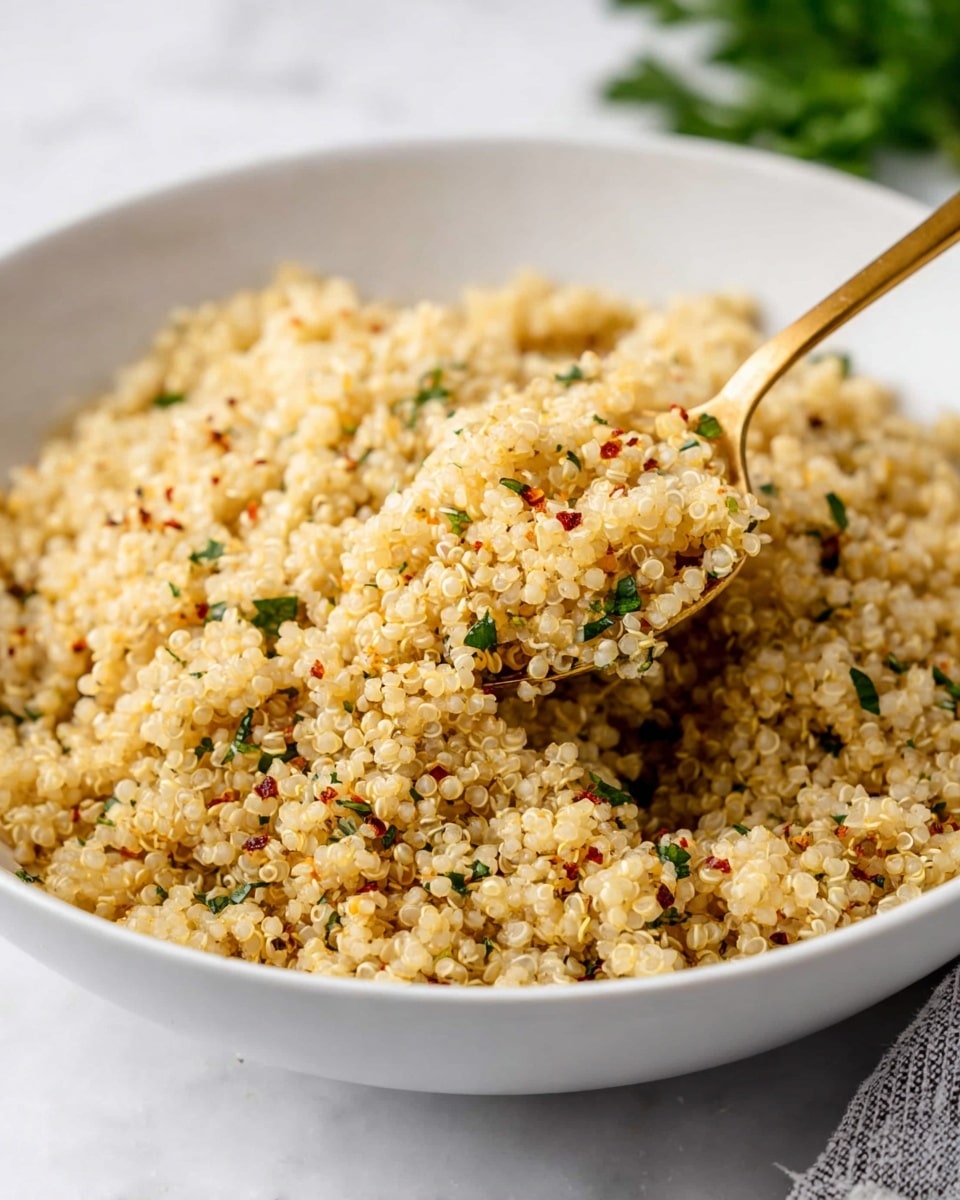 A close-up view of a large white bowl filled with cooked quinoa grains, which are small and pale yellow with a soft, fluffy texture. The quinoa is mixed with small green herb pieces and tiny red spice flakes scattered over it, adding color contrast. A golden spoon lifts a portion of the quinoa from the bowl, showing the light texture and seasoning on the grains. The bowl sits on a white marbled surface, and there is some blurred green herb in the background. Photo taken with an iphone --ar 4:5 --v 7