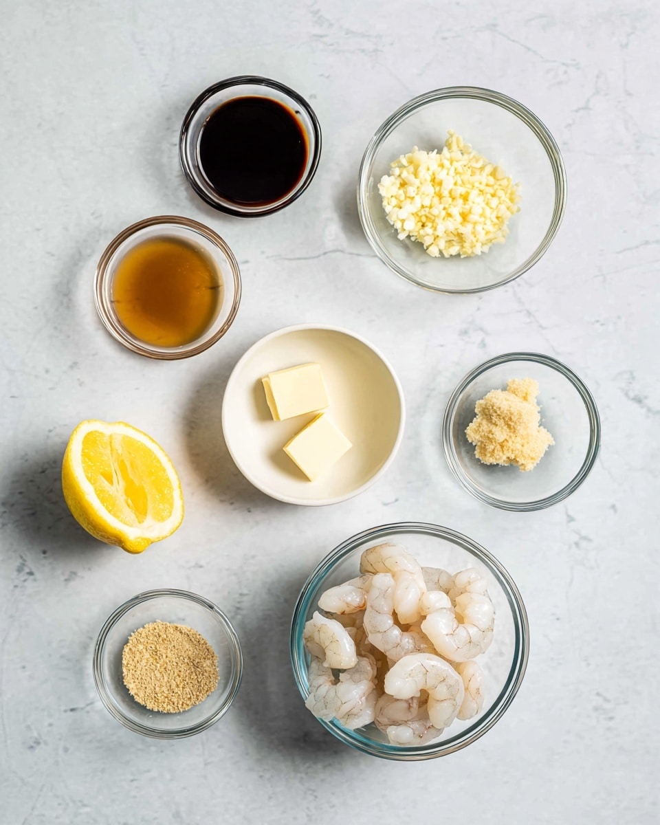 Several small clear glass bowls and two white bowls sit on a white marbled surface, each containing different ingredients. The largest bowl at the bottom right holds raw white shrimp. To its left is a white bowl with half a yellow lemon. Above that, a small clear bowl contains minced garlic, and next to it another small clear bowl has a light tan crushed substance. Above and to the right, a white bowl holds two small squares of pale butter. To the left side, there are three clear bowls in a rough vertical line: top one with a light brown liquid, middle one with dark brown thick liquid, and the bottom one with minced ginger. The lighting is bright and the setup is neat and organized for a cooking preparation. Photo taken with an iphone --ar 4:5 --v 7