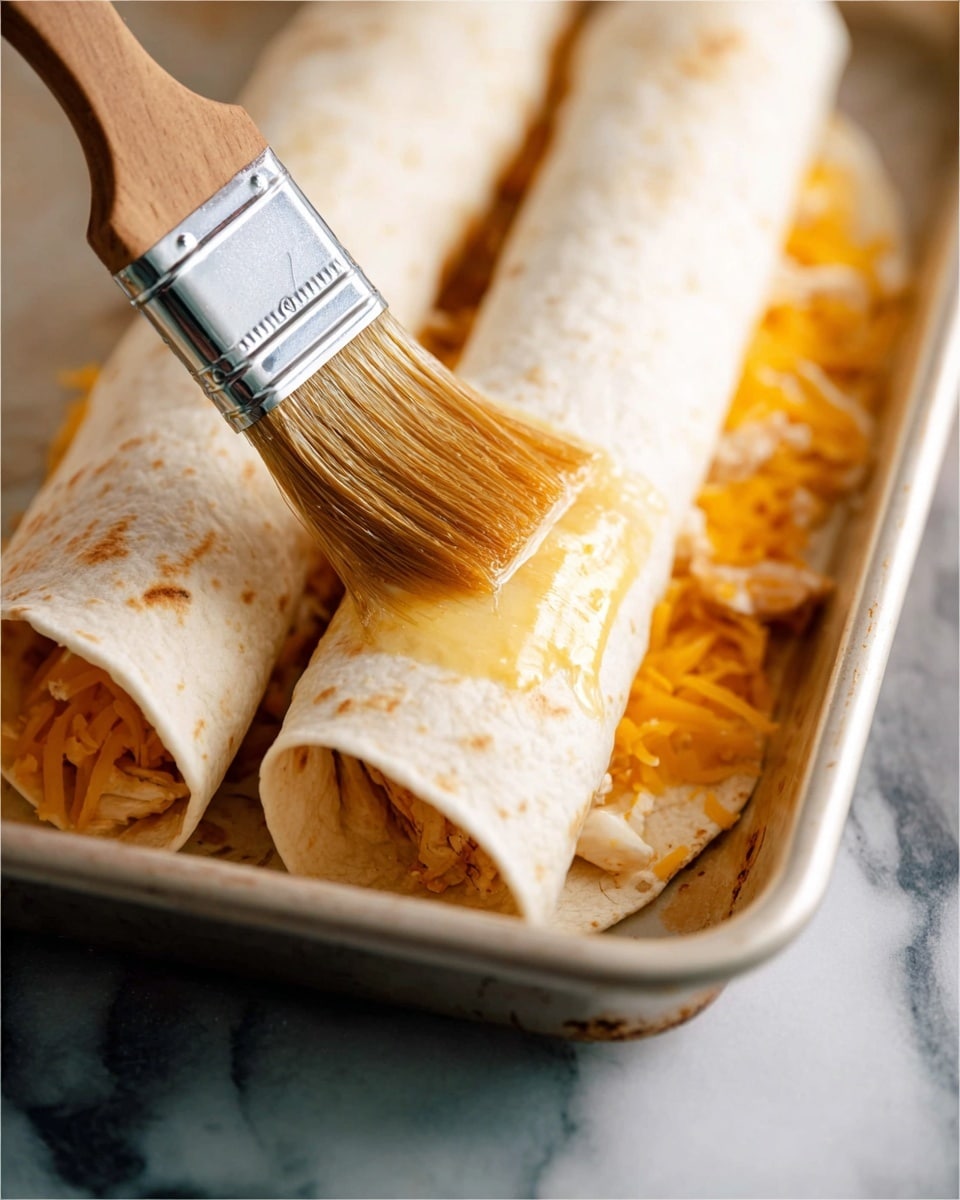 Two soft, lightly browned tortillas are rolled up side by side in a white baking tray. Inside the tortillas, there is a layer of orange shredded cheese mixed with some light-colored pieces that look like chicken or a similar filling. A brush held by a woman's hand is spreading a shiny, golden layer of butter on top of the tortillas. The tray is placed on a surface with a white marbled texture. photo taken with an iphone --ar 4:5 --v 7