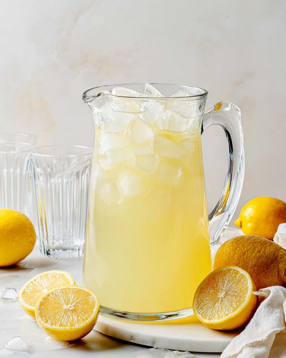 A large clear glass pitcher filled with pale yellow lemonade topped with many ice cubes, showing a bright and refreshing texture. Around the pitcher are whole yellow lemons and lemon halves placed on a white marbled surface. Two clear empty glasses stand in the background, one slightly behind the other, with a soft, light background wall and a white cloth partially visible near the pitcher. The scene is bright and clean, giving a fresh summer feeling. Photo taken with an iphone --ar 4:5 --v 7
