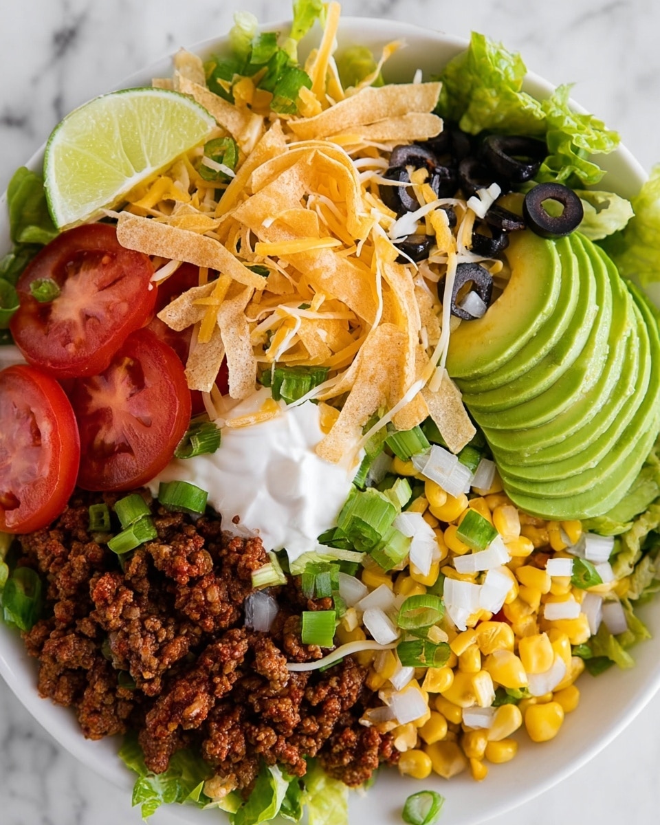 This image shows a bowl layered with fresh chopped green lettuce at the bottom, topped with bright sliced avocado arranged in a fan shape on the right side. Around the bowl, there are thick slices of red tomato, chopped green onions, and white onion strips. In the central area, there is a mix of cooked brown ground meat and yellow corn kernels. Sliced black olives are scattered throughout along with crispy thin tortilla strips added on top. A dollop of white sour cream sits near the avocado, sprinkled lightly with shredded yellow cheese. A small lime wedge rests on the top left inside the white bowl, all set on a white marbled surface. Photo taken with an iphone --ar 4:5 --v 7