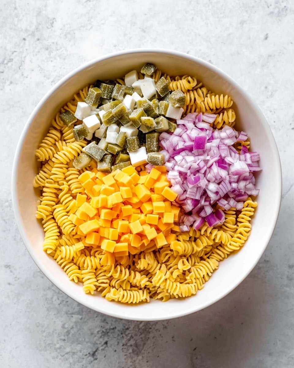 In a white bowl on a white marbled surface, there are four distinct layers of ingredients. The bottom layer is yellow pasta with a shaped, ridged texture filling almost half of the bowl. On top of the pasta, to the left, there is a layer of chopped pickles showing a green and white color with a slightly bumpy texture. Next to the pickles, in the center-right, are small orange cubes of cheese, neatly arranged. To the far right, there is a pile of finely chopped red onions showing a mix of purple and white colors. The ingredients are placed side by side, not mixed, creating a clear separation of colors and textures. Photo taken with an iphone --ar 4:5 --v 7