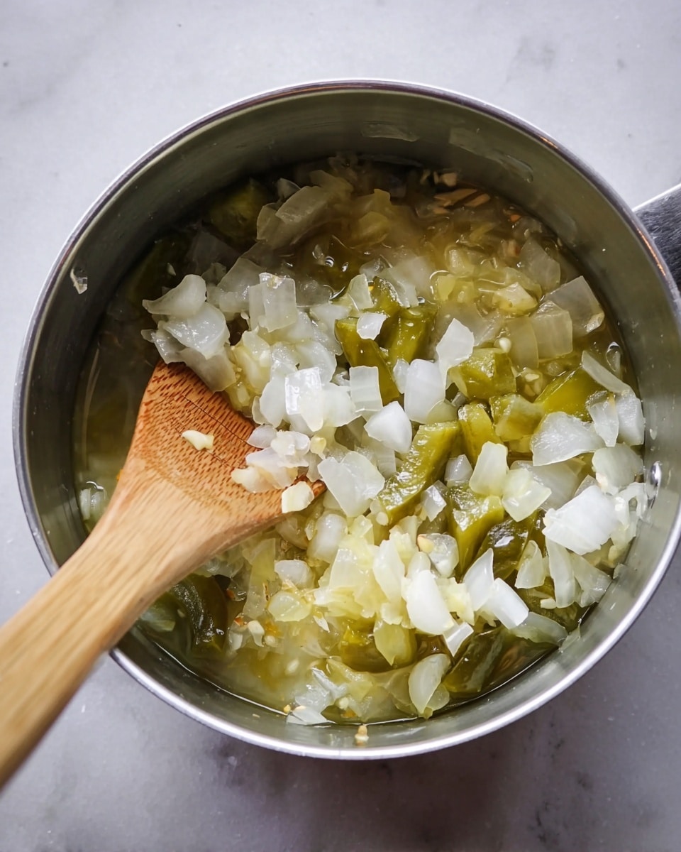 Inside a small silver pot on a white marbled surface, there are two main layers. The bottom layer is a mix of translucent white chopped onions, with a slightly soft texture. On top and mixed in are greenish-yellow chopped pickles that have a glossy, moist appearance. A wooden spoon with a smooth light brown texture is stirring the contents inside the pot, showing a close-up view of the chopped vegetables. The overall feel is simple and fresh, highlighted by natural light. Photo taken with an iphone --ar 4:5 --v 7