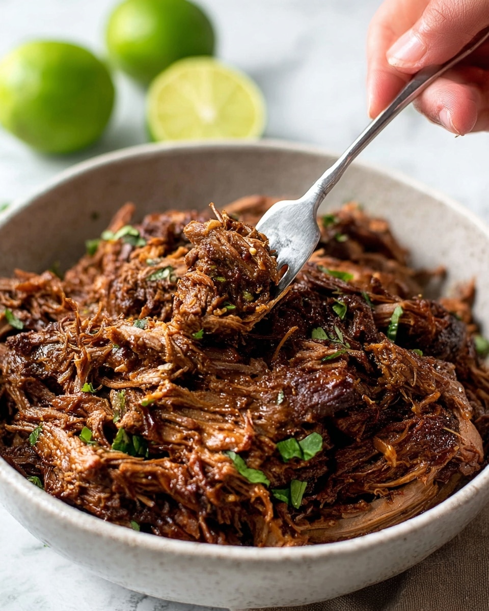 A close-up view of a bowl filled with shredded dark brown meat topped with small pieces of green herbs, giving it a fresh touch. A woman's hand is holding a silver fork digging into the meat, showing its tender and slightly moist texture. The bowl is white with a slightly rough finish, sitting on a wooden surface with a blurred background that includes a halved lime and a white marbled texture. The image captures the rich details of the meat fibers and herbs in warm natural light, creating an inviting and hearty look. photo taken with an iphone --ar 4:5 --v 7
