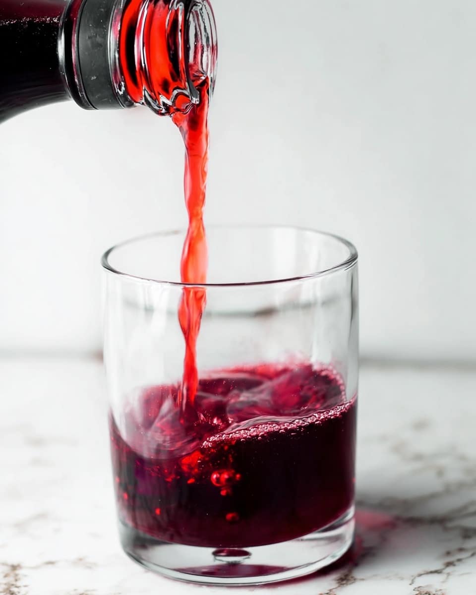 A close-up shot shows a dark red liquid pouring from a bottle into a clear glass. The liquid forms a smooth, flowing stream with some small bubbles as it enters the glass. The glass is placed on a white marbled surface, and the background is plain with a light tone, giving a clean and bright look to the image. photo taken with an iphone --ar 4:5 --v 7