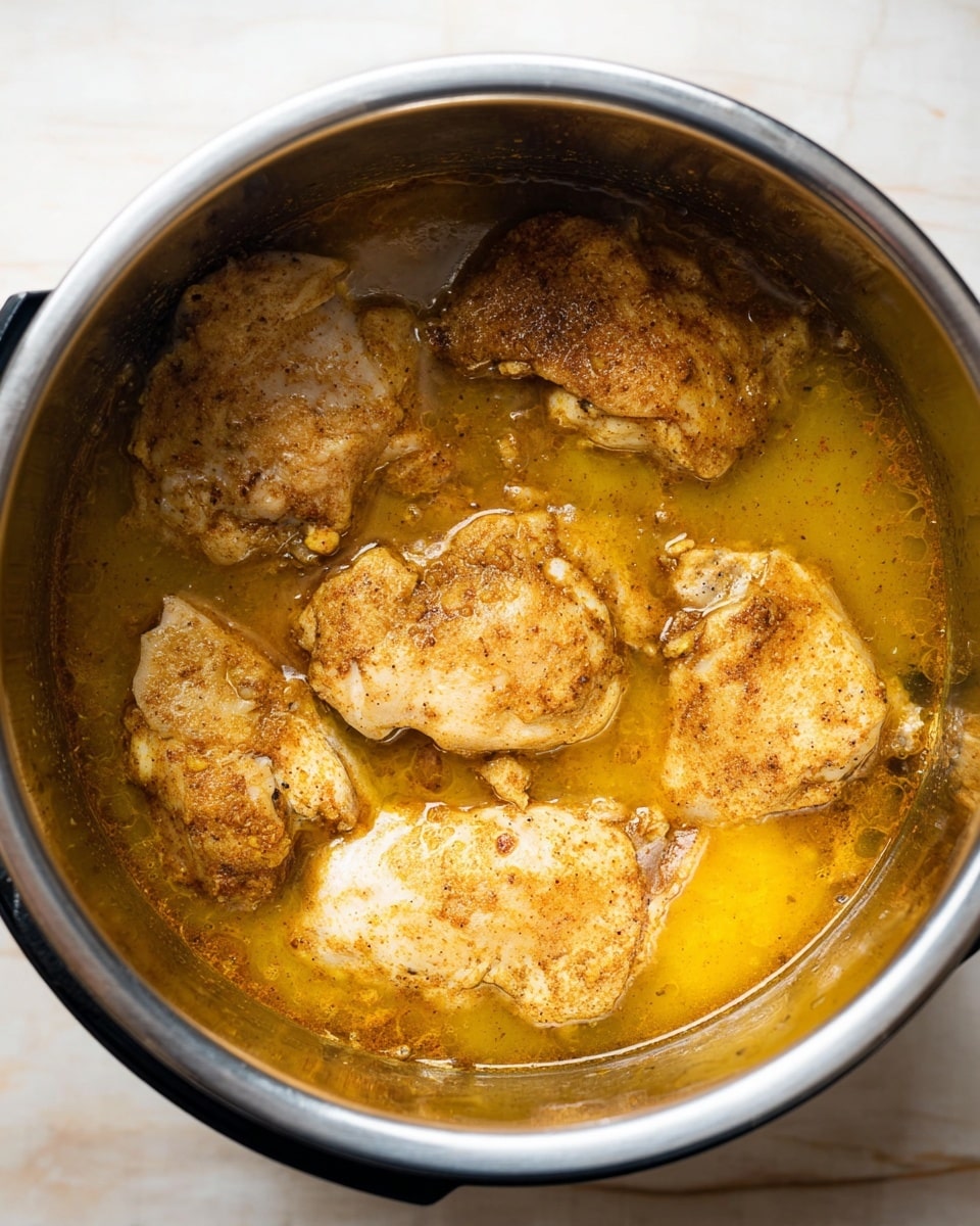 Inside a stainless steel pot, there are five pieces of chicken, each with a light brown spice coating, partially submerged in a golden yellow broth. The chicken pieces have a slightly rough texture with specks of darker seasoning, floating in the liquid that looks oily with some bubbles on the surface. The pot shows a shiny metallic interior with a light reflection. The photo was taken from above on a white marbled surface. photo taken with an iphone --ar 4:5 --v 7