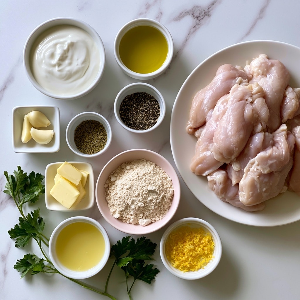 The image shows a top view of various cooking ingredients arranged neatly on a white marbled surface. On the right side, there is a white plate filled with raw chicken tenderloins, light pink in color and soft in texture. Surrounding the plate are small white bowls and dishes holding different ingredients: a round white bowl with thick white cream, a small square white dish with two pale garlic cloves, and a small white bowl filled with bright yellow extra virgin olive oil. There is also a small white dish containing a few light yellow blocks of butter, a pale pink bowl with light beige all-purpose flour, and a small white bowl with dark mixed sea salt and pepper. A small white cup holds dried oregano, and another white bowl contains lemon juice with a yellow tint. A separate small white bowl has finely grated bright yellow lemon zest, while fresh green parsley leaves lie loose on the marbled surface. All elements are brightly lit and well separated. Photo taken with an iphone --ar 4:5 --v 7