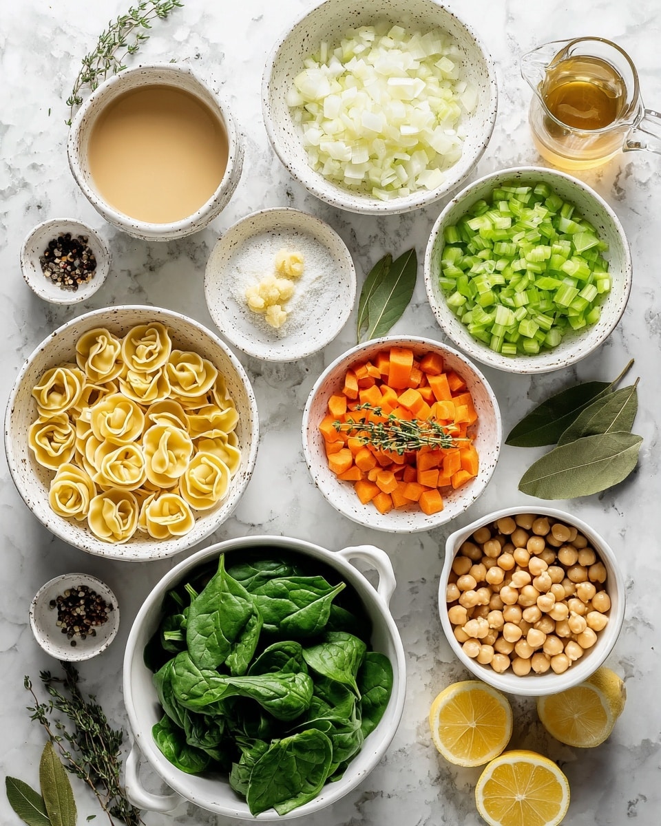 The image shows several white bowls and small dishes arranged on a white marbled surface, each holding different fresh ingredients. Starting from the top left, a small dish with beige liquid sits next to a large bowl filled with finely chopped white onions. To the right, another large bowl holds chopped green celery. Below them, a bowl has chopped orange carrots topped with green sprigs of thyme. On the left, a white speckled bowl contains round yellow tortellini pasta. In the center, a small bowl has minced garlic, next to it is a small dish with white powder. Below, a large white bowl is full of fresh green spinach leaves. At the bottom right, a white bowl with handles is filled with chickpeas and two green bay leaves. Next to it, slices of lemon are arranged on a white dish, and a glass jug with light brownish broth completes the setting. Small sprigs of fresh herbs and peppercorns are scattered around the bowls. photo taken with an iphone --ar 4:5 --v 7