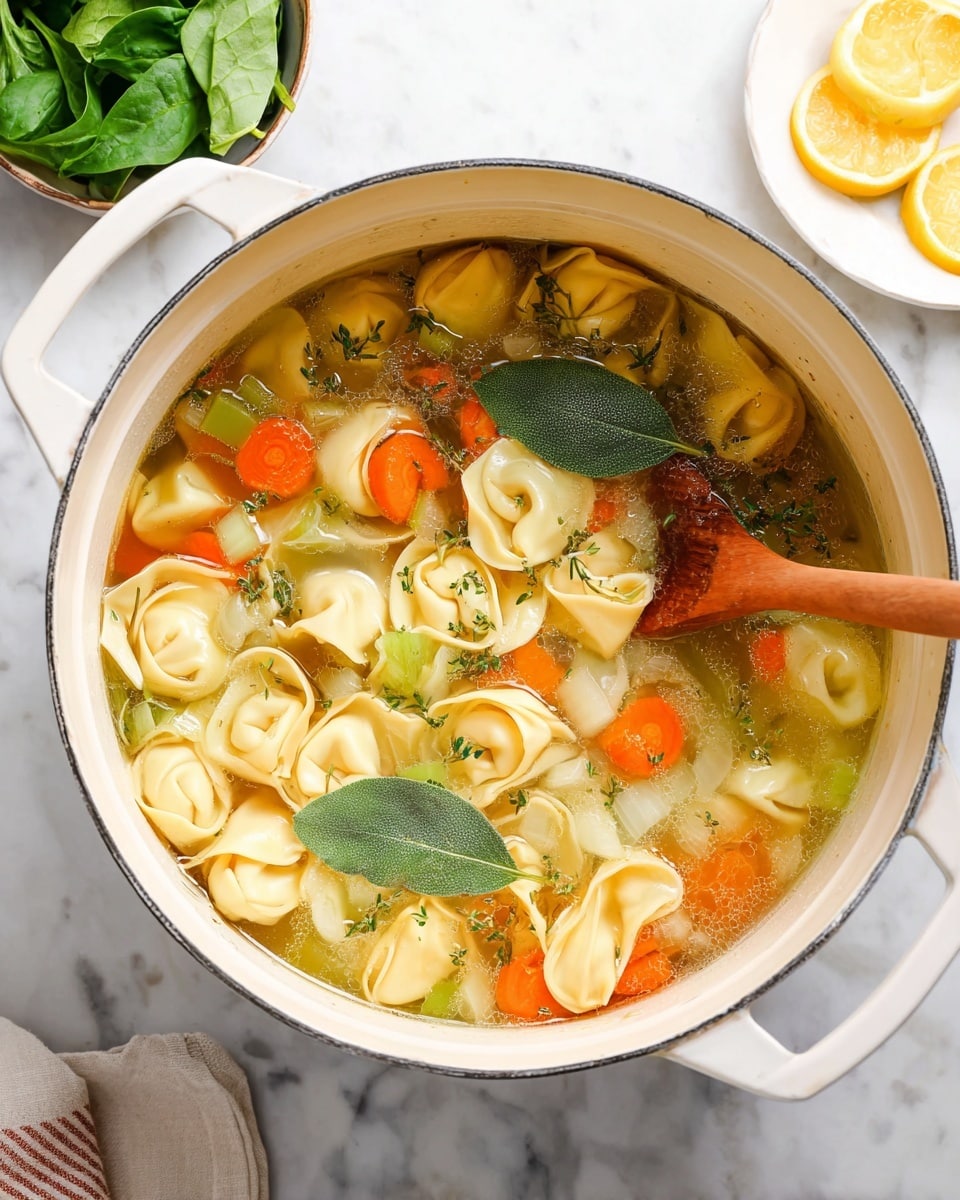 A white pot filled with clear soup showing three layers of ingredients: the bottom layer is a light broth with floating herbs and small chunks of translucent cooked onion; the middle layer holds bright orange carrot slices and pale green celery pieces; the top layer contains light yellow tortellini pasta folded in a round shape, with a large green bay leaf resting on top and a wooden spoon placed inside. In the background, a white bowl with fresh green spinach leaves sits on the white marbled surface near a small white plate with three sliced lemon rounds. Photo taken with an iphone --ar 4:5 --v 7