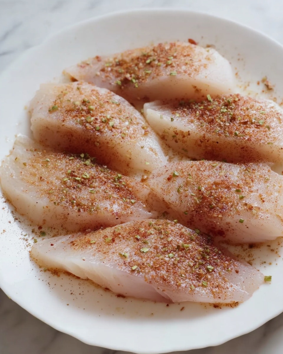 The image shows a white plate filled with six raw fish pieces arranged closely together. Each piece is pale pink with a smooth, moist texture, sprinkled evenly with a light layer of brownish-red seasoning and small bits of green herbs. The fish slices have a natural shine under soft light. The plate rests on a white marbled surface. photo taken with an iphone --ar 4:5 --v 7
