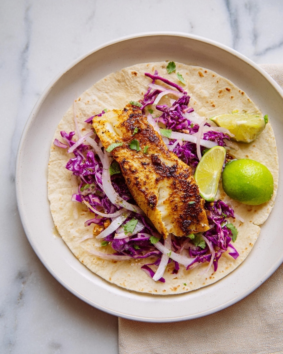 A white plate sits on a beige cloth over a white marbled surface, holding a soft, slightly toasted tortilla as the base layer. On top of this tortilla, there is a thick, golden-brown grilled fish fillet placed horizontally in the center. Surrounding the fish are two lime wedges, one resting near the top and the other near the bottom right of the fillet. Next to and slightly underneath the fish is a vibrant mix of purple cabbage slaw with thin white onion strips, adding a fresh and colorful texture to the dish. Small green herb flecks are scattered lightly over the fish and slaw, enhancing the visual appeal. Photo taken with an iphone --ar 4:5 --v 7