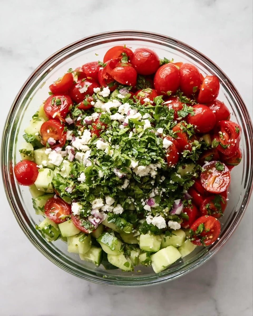 A clear glass bowl filled with a fresh salad is set on a white marbled surface. The salad has three main layers: the bottom layer is light green chopped cucumbers, the middle layer has bright red halved cherry tomatoes, and the top layer is a mix of finely chopped fresh green herbs and white crumbled cheese scattered over the tomatoes, adding texture and contrast. Photo taken with an iphone --ar 4:5 --v 7