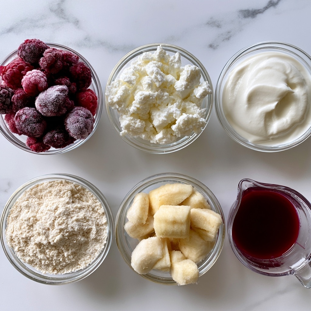 The image shows six small clear glass bowls arranged on a white marbled surface. The top row has three bowls: frozen berries in deep red and purple colors with a frosty texture on the left, white cottage cheese with a lumpy texture in the middle, and smooth white Greek yogurt on the right. The bottom row features a bowl of light beige protein powder with a powdery texture on the left, a bowl of frozen banana pieces that are light yellow and slightly frosted in the center, and a small clear glass measuring cup on the right filled with dark red fruit juice. Each bowl is evenly spaced and the overall scene is bright and clean. Photo taken with an iphone --ar 4:5 --v 7