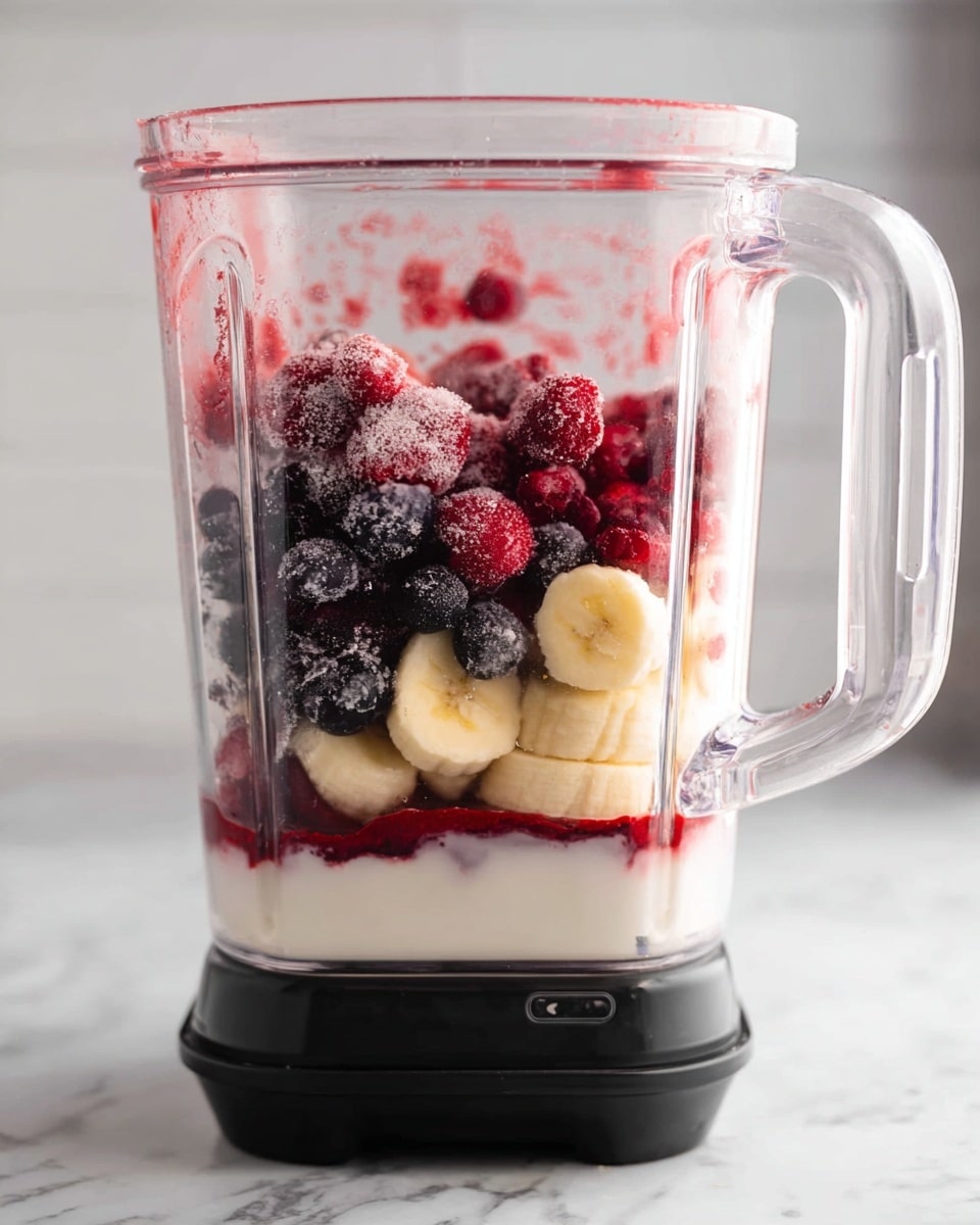 A clear blender cup sits on a black base on a white marbled surface, filled with three visible layers: the bottom layer is white, creamy yogurt; above it are slices of banana showing a pale yellow and soft texture; the top layer has frozen mixed berries in red, purple, and dark blue, with some ice crystals visible on their rough surfaces. The blender handle is clear and shown on the right side photo taken with an iphone --ar 4:5 --v 7